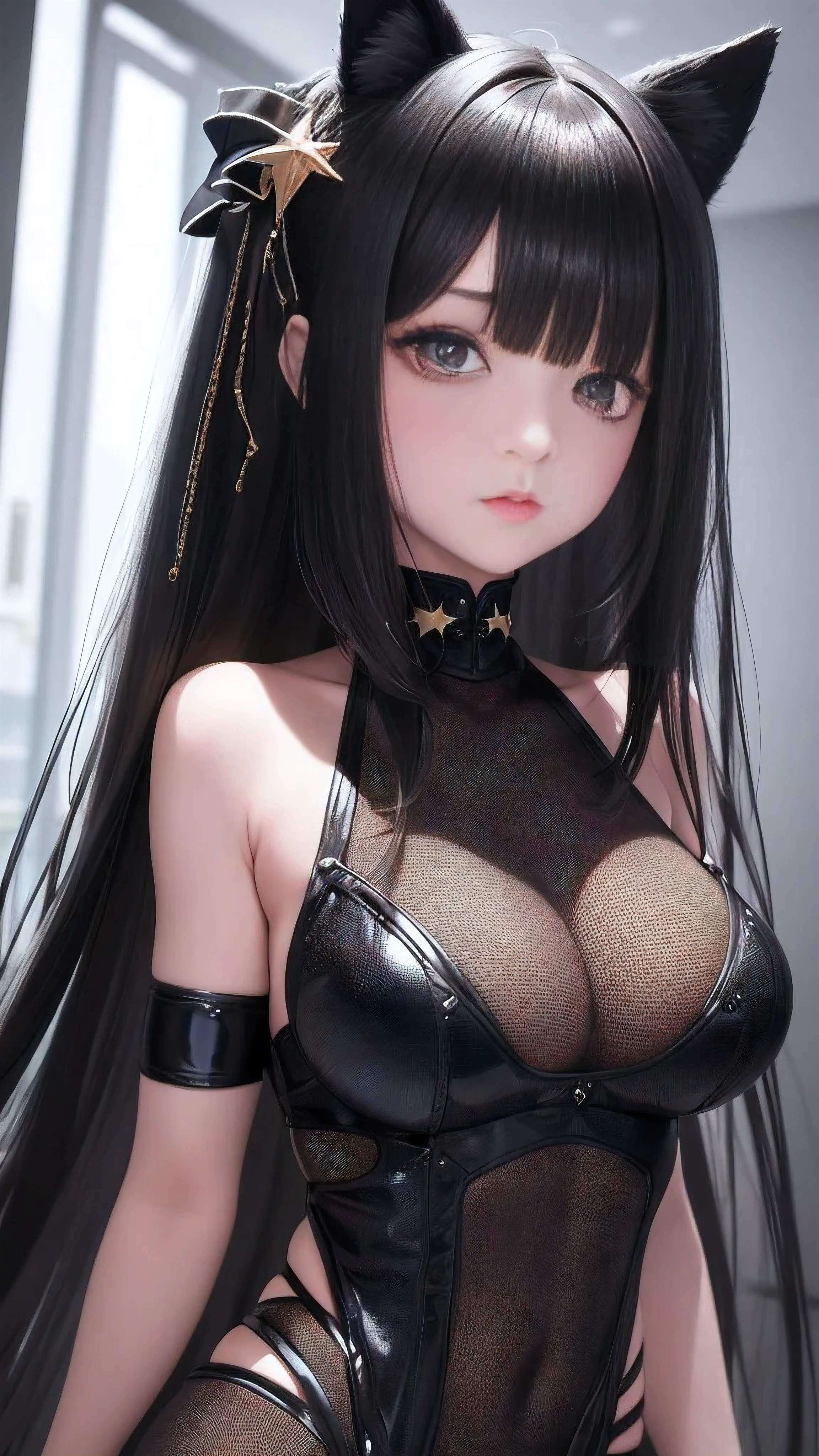 Masterpiece, best quality, ultra-detailed, surrealist portrayal, black-haired maiden with hair falling between eyes, hair bow adorning the side, cat ears poking out subtly above, star-shaped pupils twinkling under the soft glimmer of luminescent makeup, her shy demeanor emphasized by the slight downcast of her gaze, her skin textured and beautifully realistic, high resolution image captures every intricate detail, figure clad in sleek, athletic attire, complete body shot, 8k wallpaper.