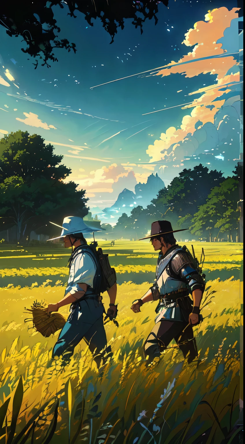 there are two men walking through a field of grass, amazing wallpaper, beeple and jean giraud, ross tran and michael whelan, a beautiful artwork illustration, inspired by Wadim Kashin, rob rey and kentarõ miura, rob rey and kentaro miura style, mobile wallpaper, james gurney and andreas rocha