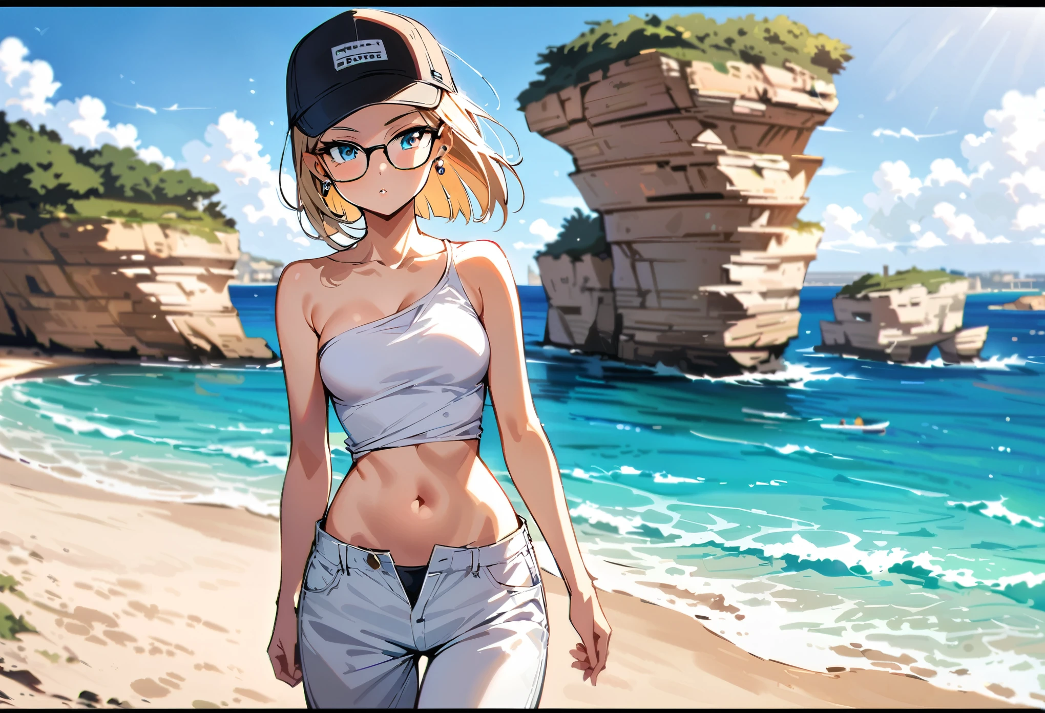 (masterpiece, best quality:1.3), solo, Android 18 from Dragon Ball, collarbone, cleavage, ((slip-on one-shoulder crop top)), (light gray top), (midriff-baring), navel, ((white baggy pants with one button undone)), skimpy thong swimsuit, light gray swimsuit, small breasts, short blonde hair loose, ((blue eyes)), ((wearing glasses)), earrings on earlobes, slender feminine figure, narrow waistline, skinny body, (plane black baseball cap without logo), sunlight, walking, beach, small island, Malta, facing the camera, blur background, 4K