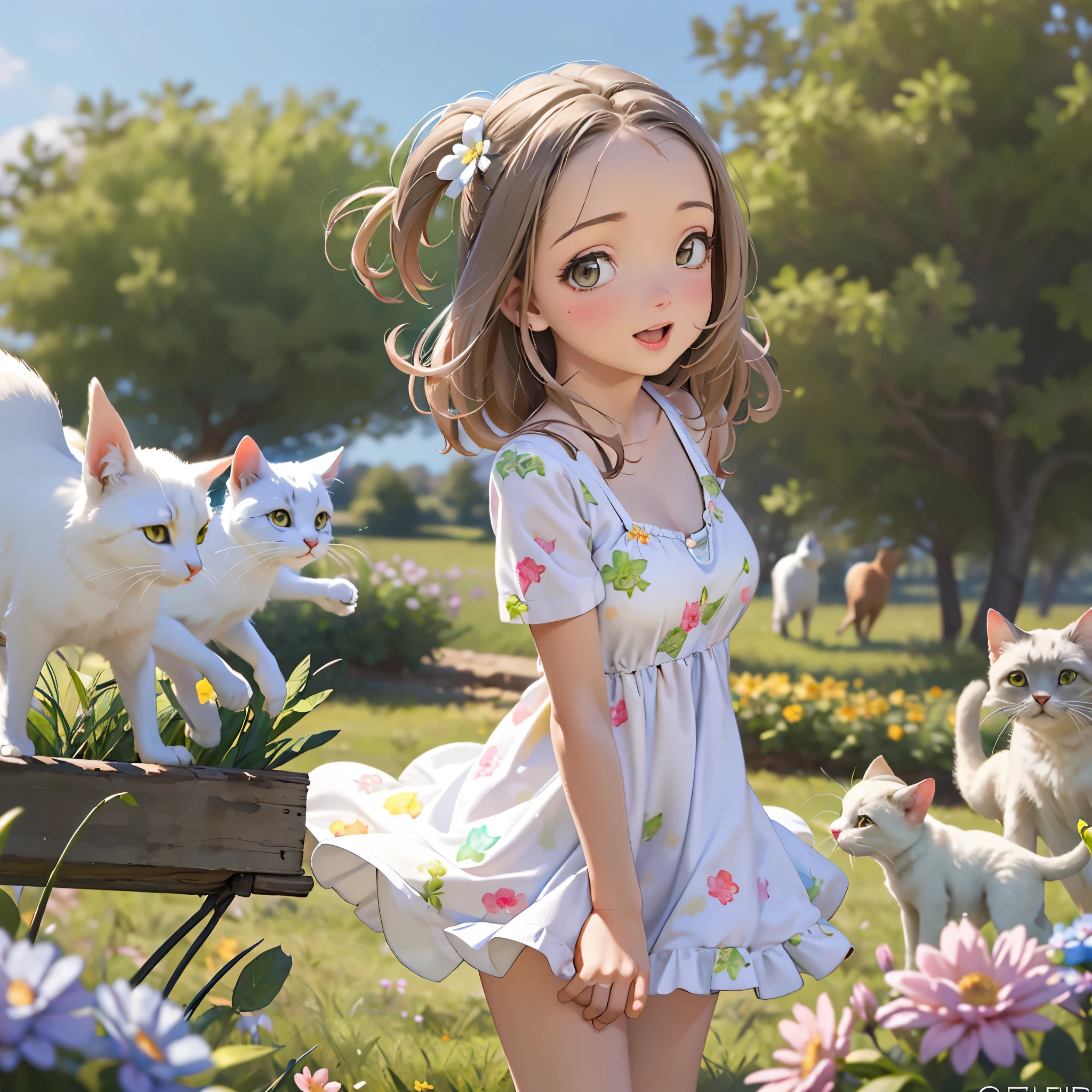 A gorgeous woman in a light colorful summer dress, playing in a field of flowers with her lively cats, cute antics, adorable scenes, mischief and fun