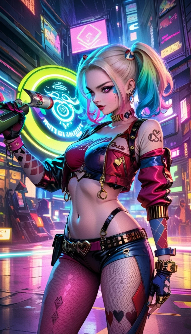 ((top-notch quality)), ((masterwork)), Subject: Cyberpunk Harley Quinn, Action: Smoking cannabis goodness, Artist: Louis Wain, Style: Cyberpunk, Cannabis-inspired, DMT, Artegem, Medium: Digital Rendering, Category: Comic Book Art, Color Palette: Vibrant, Cyberpunk, Cannabis-inspired, DMT, Digital Graphics: Ethereal Patterns, Transcendence, Resolution: High-Res, Positive Prompt: Create a ((top-notch quality)), ((masterwork)), ((true-to-life)) digital rendering that features the iconic character Harley with Cat Quinn from DC in a captivating cyberpunk setting. Illustrate her enjoying cannabis goodness while seamlessly incorporating elements of the cyberpunk, cannabis-inspired, DMT, Artegem, and chiaroscuro styles. Employ Louis Wain's artistic vision to construct the environment. Pay meticulous attention to high levels of detail and vibrant colors, infusing the composition with the essence of cyberpunk aesthetics. Include cannabis-inspired and DMT elements to create an ethe, Chiaroscuro, 4K, 4K, 1080P