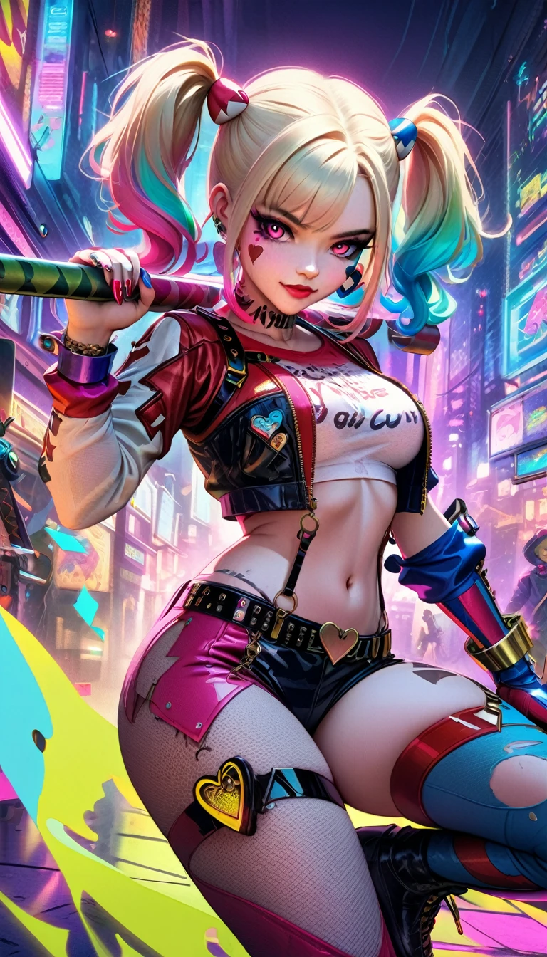 ((top-notch quality)), ((masterwork)), Subject: Cyberpunk Harley Quinn, Action: Smoking cannabis goodness, Artist: Louis Wain, Style: Cyberpunk, Cannabis-inspired, DMT, Artegem, Medium: Digital Rendering, Category: Comic Book Art, Color Palette: Vibrant, Cyberpunk, Cannabis-inspired, DMT, Digital Graphics: Ethereal Patterns, Transcendence, Resolution: High-Res, Positive Prompt: Create a ((top-notch quality)), ((masterwork)), ((true-to-life)) digital rendering that features the iconic character Harley with Cat Quinn from DC in a captivating cyberpunk setting. Illustrate her enjoying cannabis goodness while seamlessly incorporating elements of the cyberpunk, cannabis-inspired, DMT, Artegem, and chiaroscuro styles. Employ Louis Wain's artistic vision to construct the environment. Pay meticulous attention to high levels of detail and vibrant colors, infusing the composition with the essence of cyberpunk aesthetics. Include cannabis-inspired and DMT elements to create an ethe, Chiaroscuro, 4K, 4K, 1080P