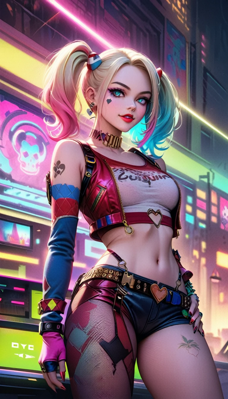 ((top-notch quality)), ((masterwork)), Subject: Cyberpunk Harley Quinn, Action: Smoking cannabis goodness, Artist: Louis Wain, Style: Cyberpunk, Cannabis-inspired, DMT, Artegem, Medium: Digital Rendering, Category: Comic Book Art, Color Palette: Vibrant, Cyberpunk, Cannabis-inspired, DMT, Digital Graphics: Ethereal Patterns, Transcendence, Resolution: High-Res, Positive Prompt: Create a ((top-notch quality)), ((masterwork)), ((true-to-life)) digital rendering that features the iconic character Harley with Cat Quinn from DC in a captivating cyberpunk setting. Illustrate her enjoying cannabis goodness while seamlessly incorporating elements of the cyberpunk, cannabis-inspired, DMT, Artegem, and chiaroscuro styles. Employ Louis Wain's artistic vision to construct the environment. Pay meticulous attention to high levels of detail and vibrant colors, infusing the composition with the essence of cyberpunk aesthetics. Include cannabis-inspired and DMT elements to create an ethe, Chiaroscuro, 4K, 4K, 1080P