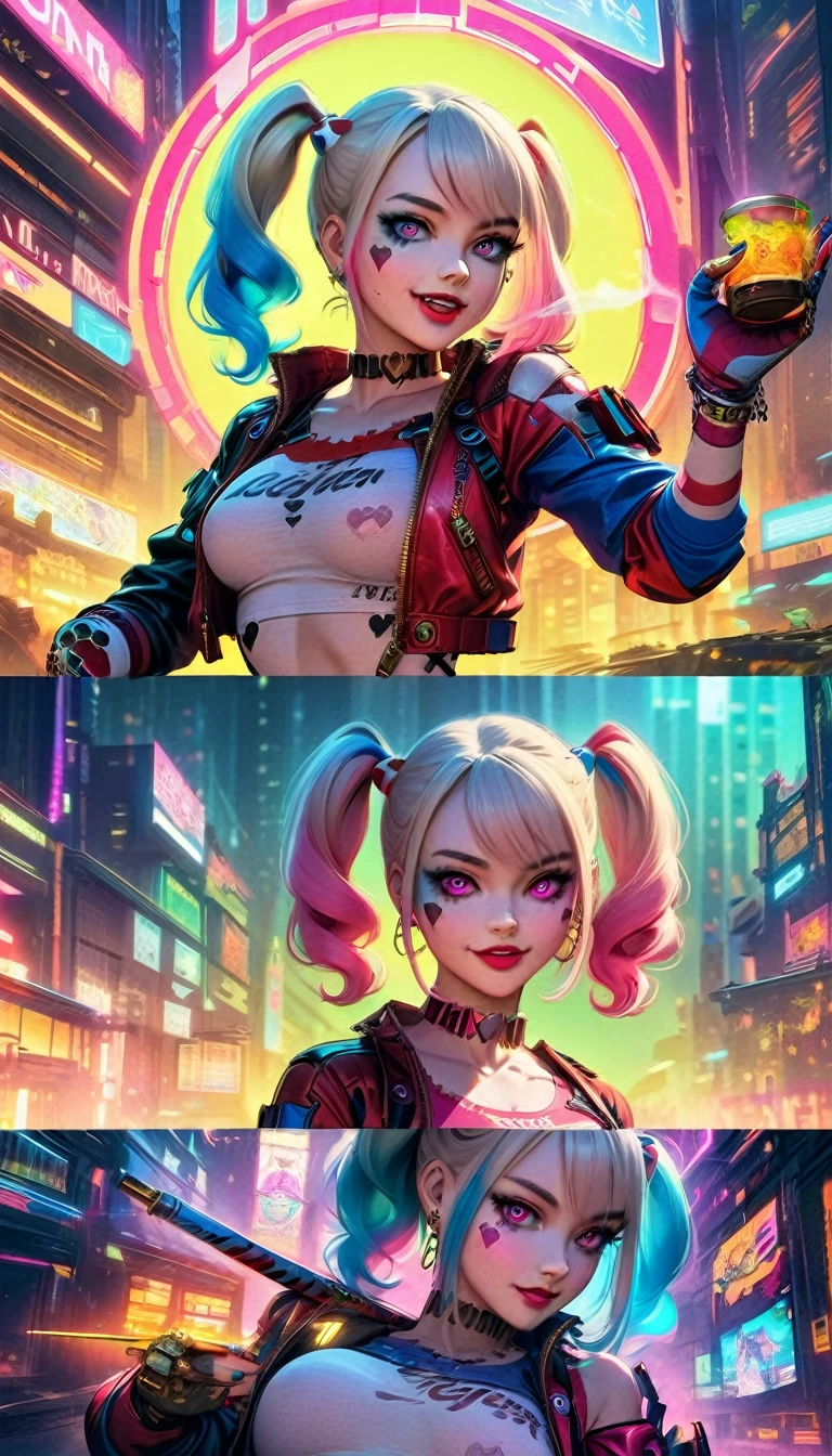 ((top-notch quality)), ((masterwork)), Subject: Cyberpunk Harley Quinn, Action: Smoking cannabis goodness, Artist: Louis Wain, Style: Cyberpunk, Cannabis-inspired, DMT, Artegem, Medium: Digital Rendering, Category: Comic Book Art, Color Palette: Vibrant, Cyberpunk, Cannabis-inspired, DMT, Digital Graphics: Ethereal Patterns, Transcendence, Resolution: High-Res, Positive Prompt: Create a ((top-notch quality)), ((masterwork)), ((true-to-life)) digital rendering that features the iconic character Harley with Cat Quinn from DC in a captivating cyberpunk setting. Illustrate her enjoying cannabis goodness while seamlessly incorporating elements of the cyberpunk, cannabis-inspired, DMT, Artegem, and chiaroscuro styles. Employ Louis Wain's artistic vision to construct the environment. Pay meticulous attention to high levels of detail and vibrant colors, infusing the composition with the essence of cyberpunk aesthetics. Include cannabis-inspired and DMT elements to create an ethe, Chiaroscuro, 4K, 4K, 1080P