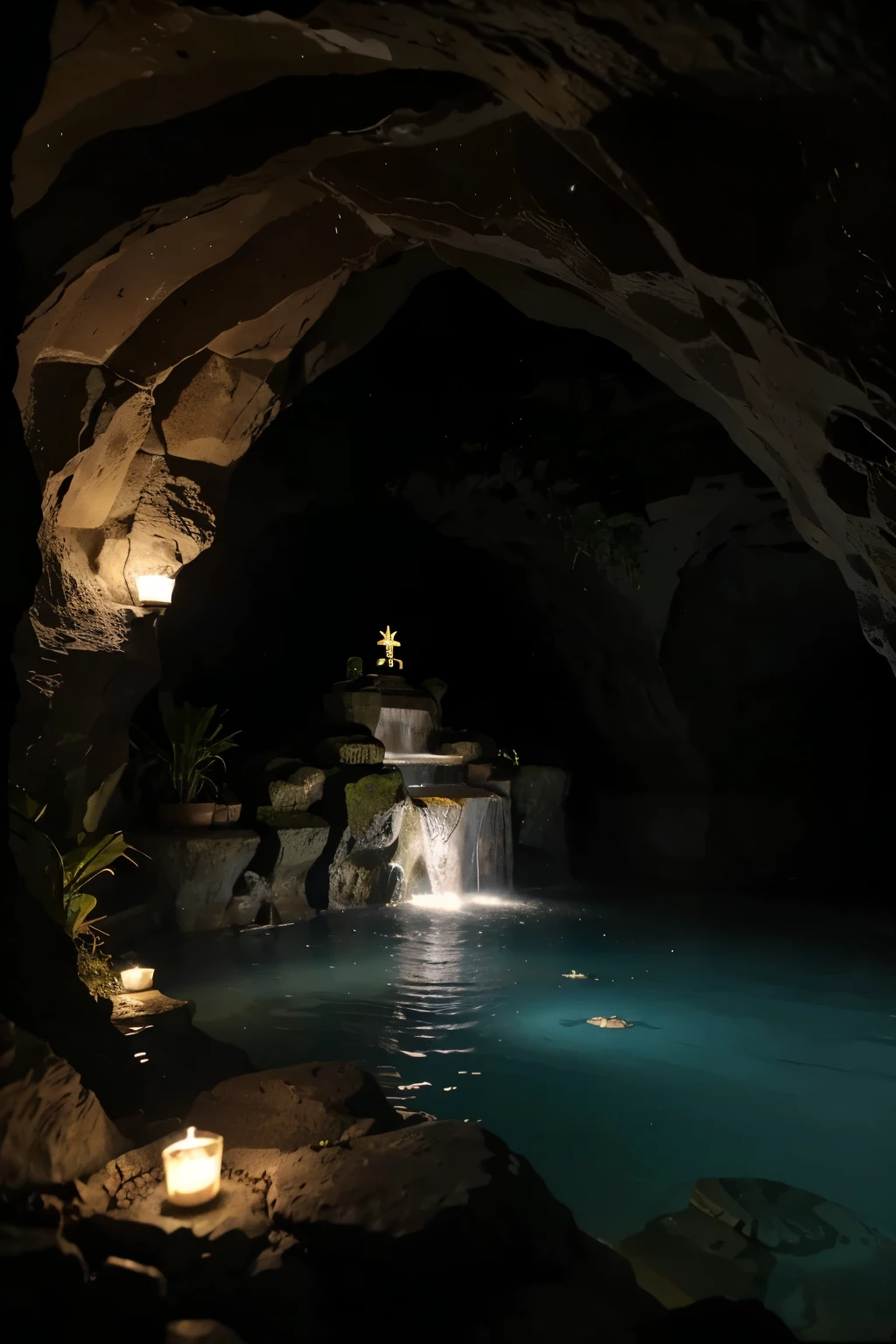 A little cave with a water fountain for Our Lady , um caminho iluminado e uma placa de jubileu de 90 anos 