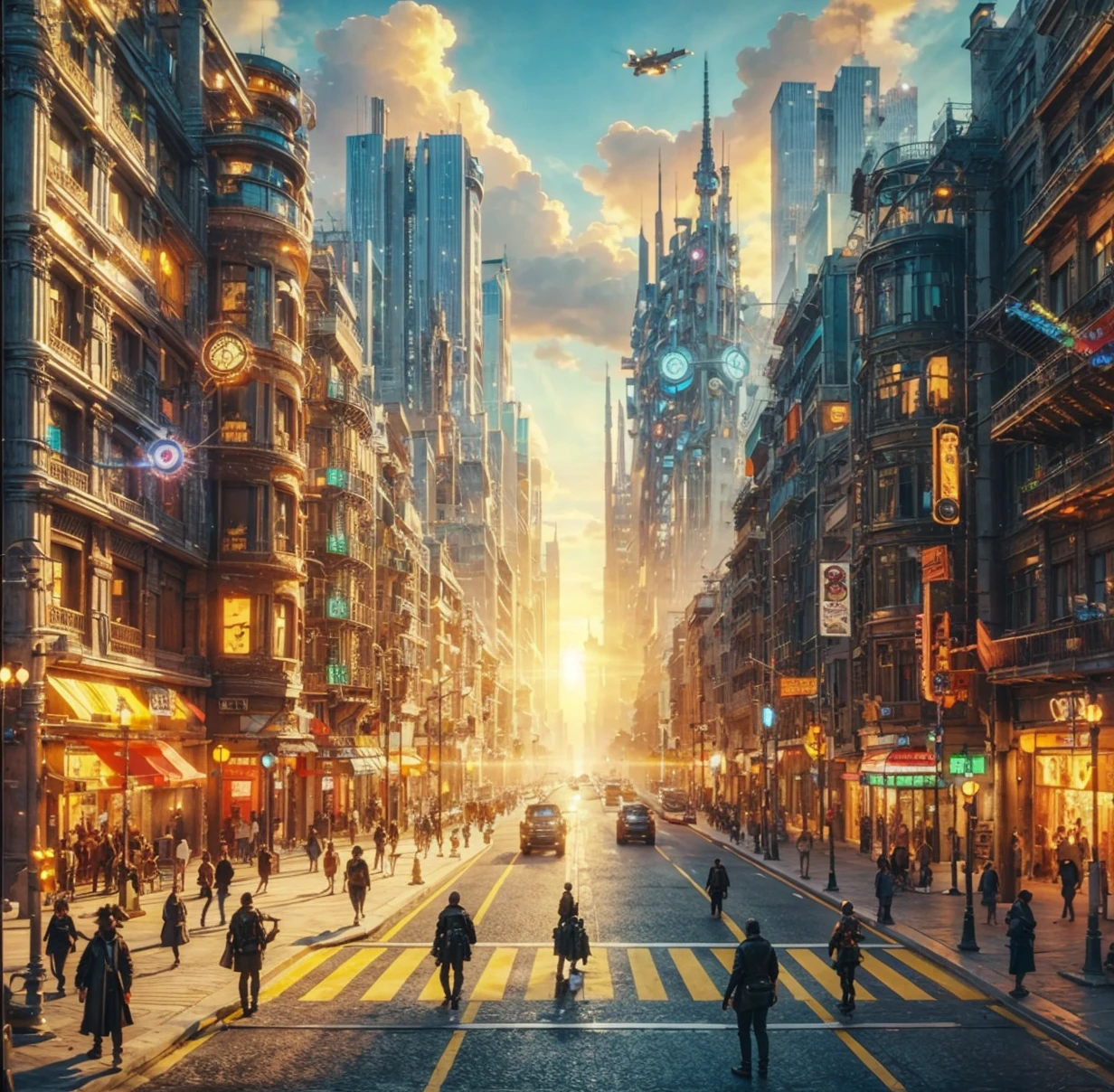 Amazing Daylight neo sci-fi Steampunk city street, pov fps, many people on the street, masterpiece,4k ultra HD, high detailed