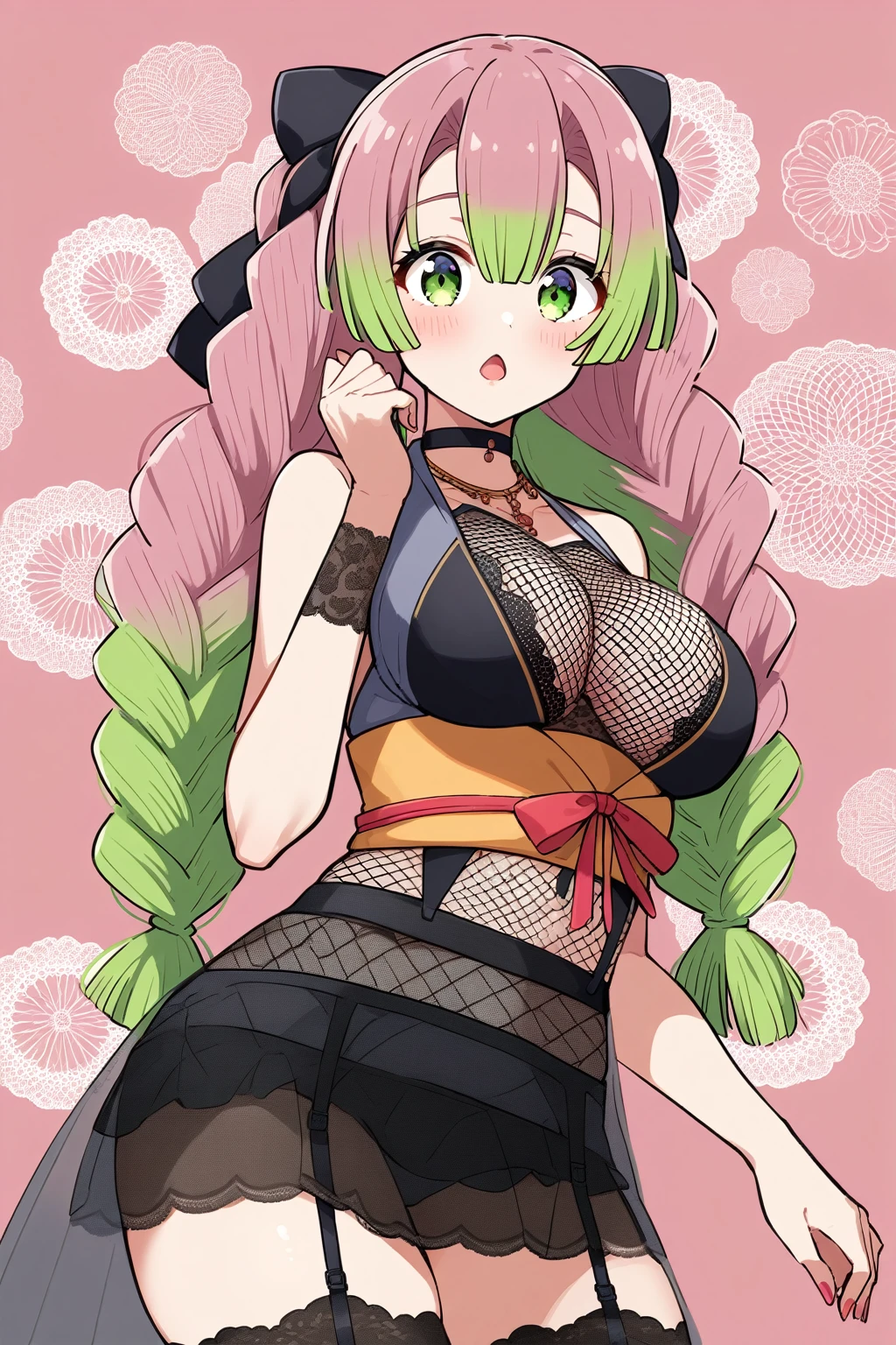 Mitsuri Kanroji, female asian outfit, e Cup breast, Mesh, lace, garter belt, mini skirt, choker
