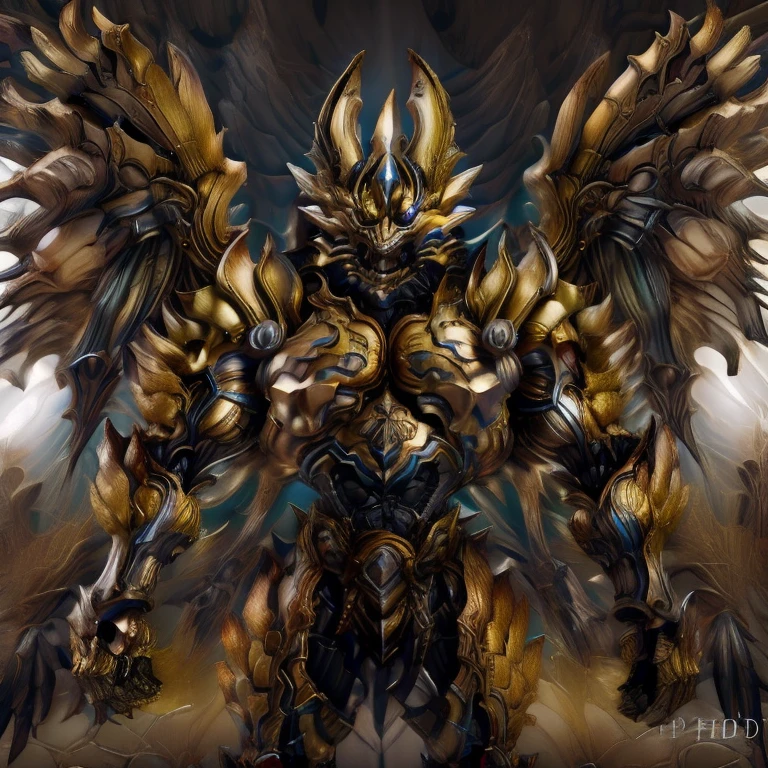 (Pokémon) (Zeraora), (masterpiece, best quality, detailed:1.2), (nj5furry), (medieval armor:1.3) sparkling skin, Vibrant colors, 4K, GOLD armor, Its full plate armor emphasizes the muscles. big muscle (pecs, triceps, traps) unusually developed muscular body, body full of huge muscles. showing off muscles, pectorales enormes. Exaggeratedly huge muscles. Gigachad Muscular, Very muscular, Large pecs, Spread wings, It has wings. have big wings. has 10 large wings. It has large golden wings. The feathers on its wings are detailed and realistic.