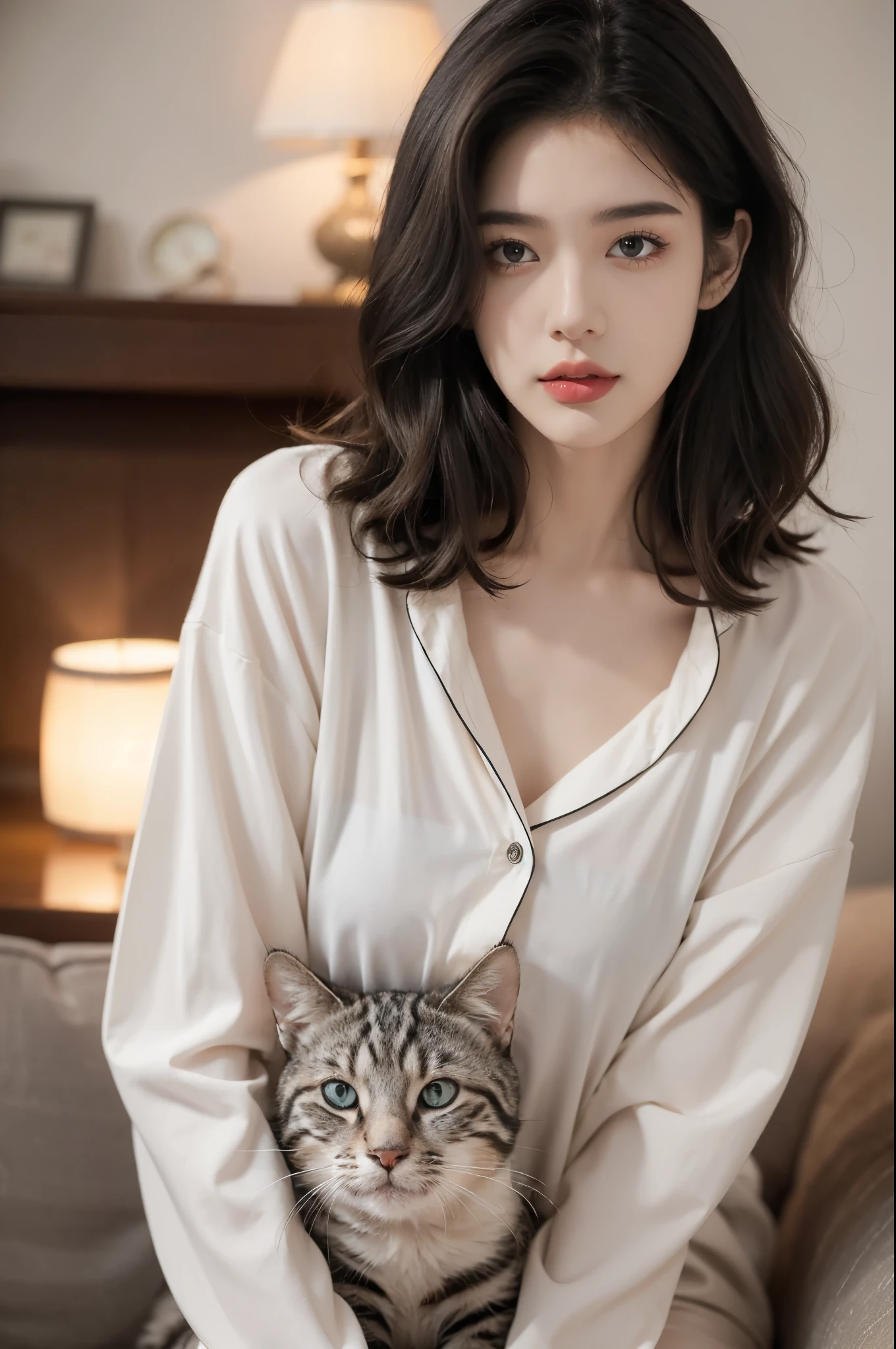 best qualtiy， tmasterpiece， ultra high resolution， （realisticlying：1.5）， RAW photogr， 1 cat， adolable， in the darkness night， deep shading， low tune， cold light,pajama shirt,shoulder length straight bob hair,slim