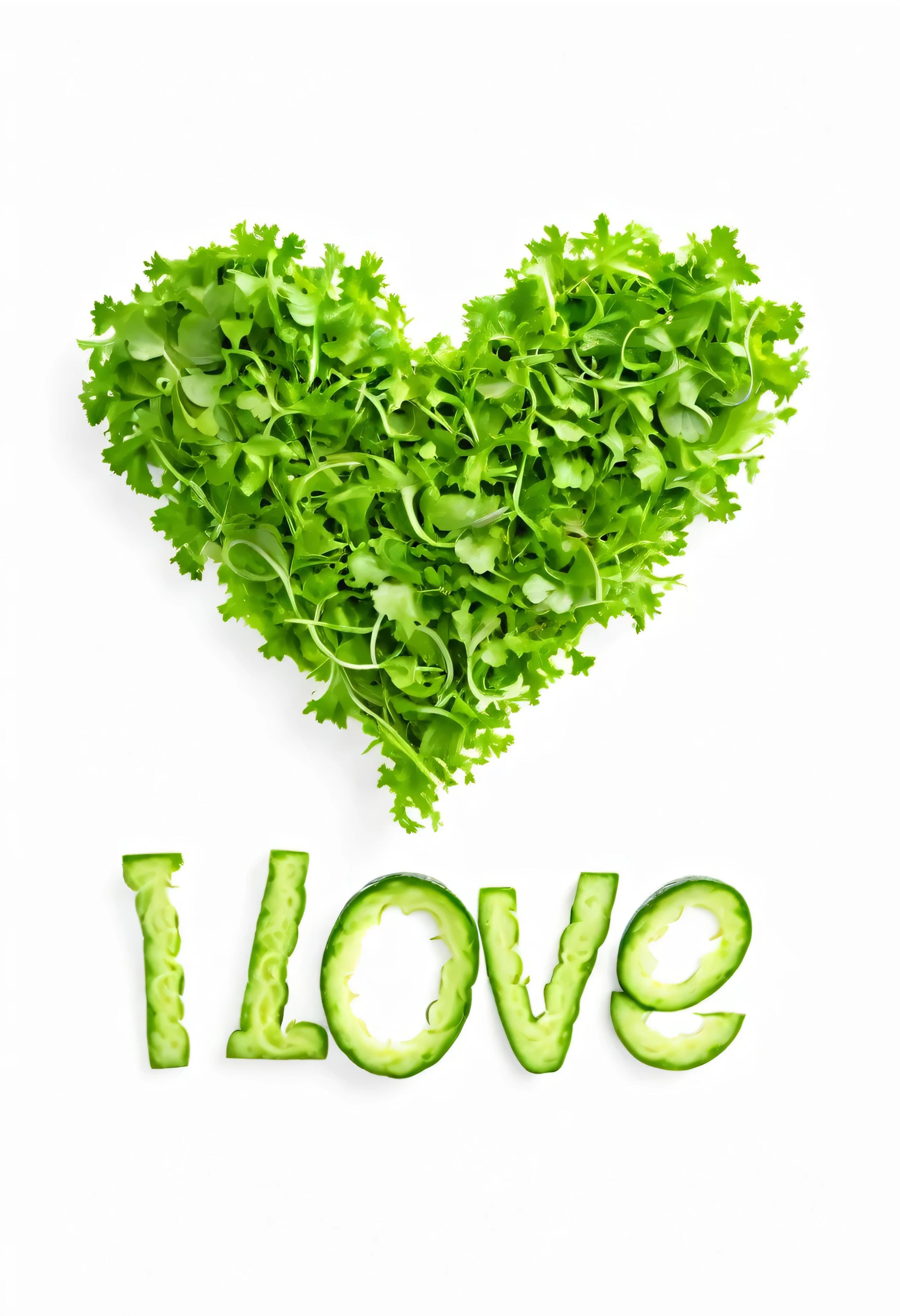 Character 'I LOVE YOU ' made of salad, sharp outline, photography, isolated white background .