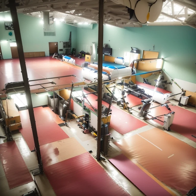 Mujer en un ring de gimnasia en un gimnasio., vigas de equilibrio, gimnasio local, gimnasio sucio, Aerial view from above, foto tomada desde arriba, tiro amplio desde arriba, dim gimnasio sucio, completamente vacio, fondo un gimnasio, Foto desde arriba, interior, aerial shooting, espacio completamente lleno, en el gimnasio de la escuela secundaria, Bird's-eye view, vista superior