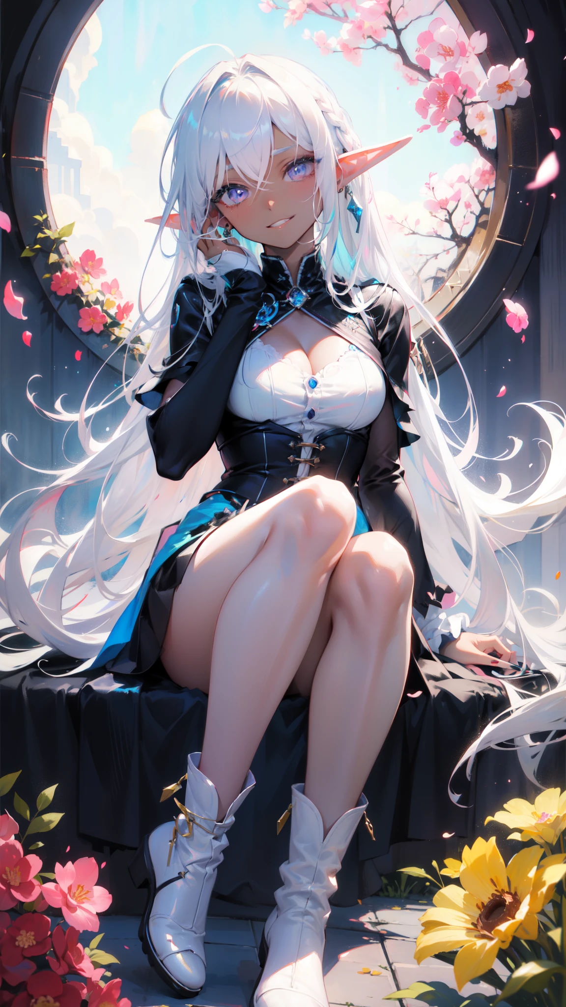 ((masterpiece, best quality)), Official Art, 8k wallpaper, Super detailed, mature Dark Elves girl, ((Dark blue and white dress)), Girl wearing bubble shirt, sit, Flowers, Poker face, ((White boots)), Glass texture, Light transmission, Spectrum Light, Gradient translucent glass melt, Corrosive, transparent Glass texture, Glows in high detail, (Prismatic patterns in hair and clothing:1.3), ((Glowing petals surround her,Intertwined)), watercolor, watercolor style, splash, Vivid colors, artgerm art, author:Kawacy, Yoshitaka Amano, rest, Very detailed (Dark Elves), (1 Girl), Solitary, Perfect face, Eye for detail, Bangs, (Hair between the eyes), white hair, Violet eyes, rest, eyelash, Eyeshadow, pink Eyeshadow, (dark skin:1.2), Dazzling, Smile, Medium breasts, rest, Very detailed, Hook of Holland,