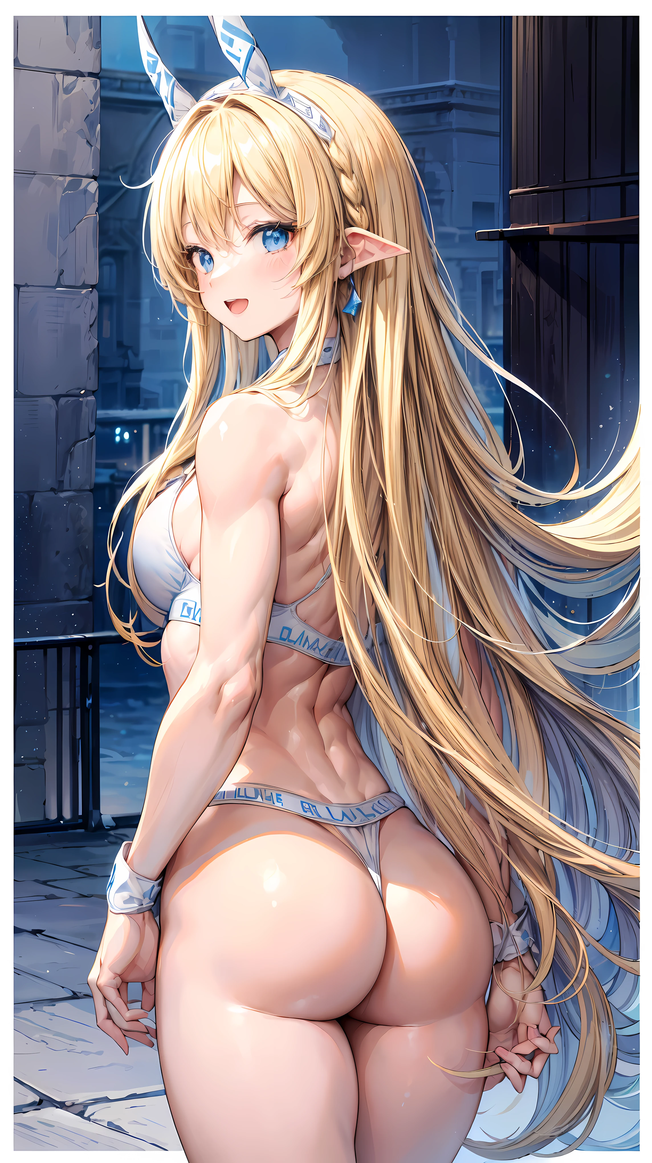 Very detailed、highest quality、Best image quality、masterpiece、8k、Sparkling Blue Eyes、Anime Face、A kind smile、Open Mouth、(Blonde long hair:1.5)、(SFW Giant)、Rear View、Cowboy Shot、(White Thong:1.5)、(Muscles of the whole body)、Horn、ckundies