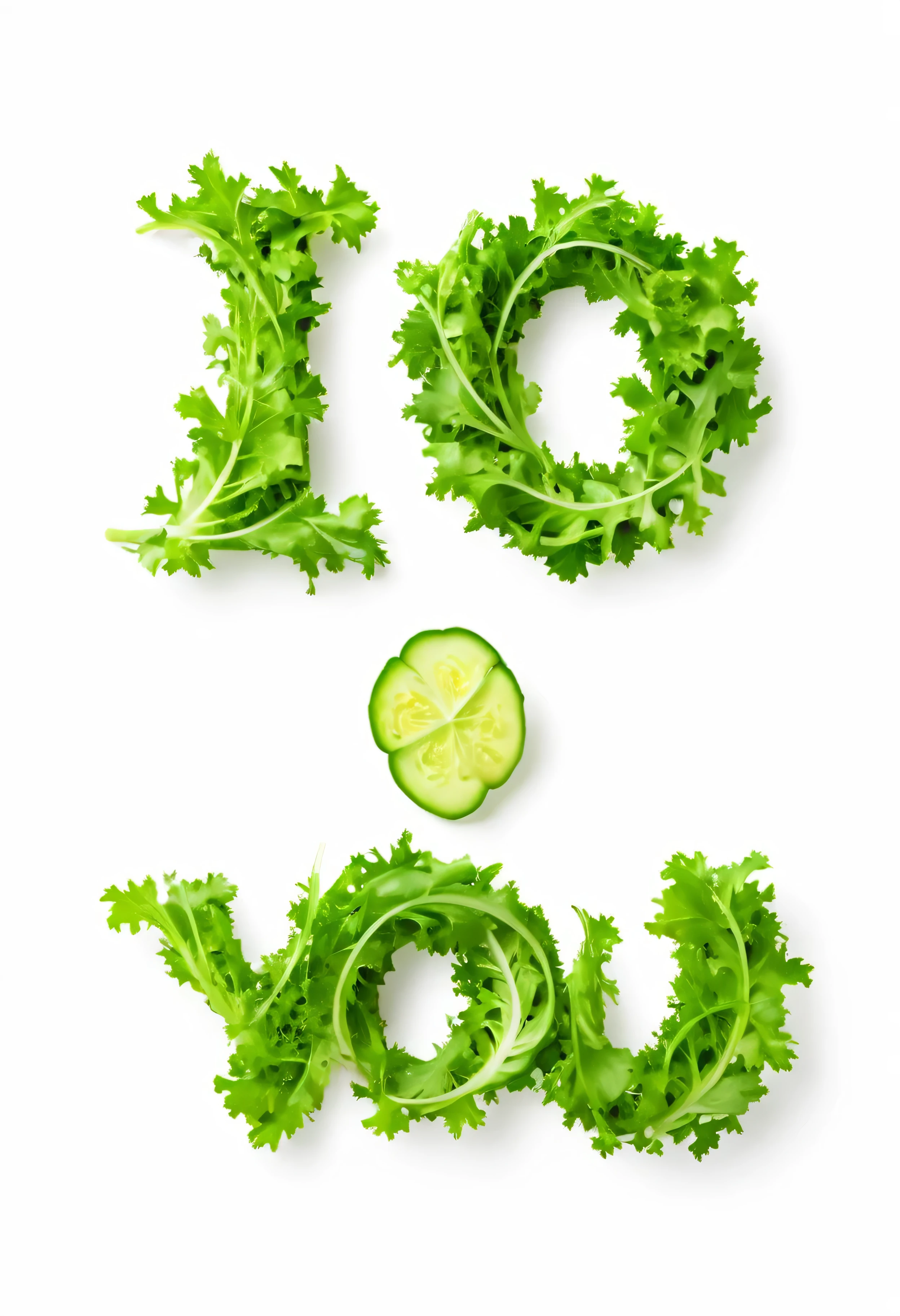Character 'I LOVE YOU ' made of salad, sharp outline, photography, isolated white background .