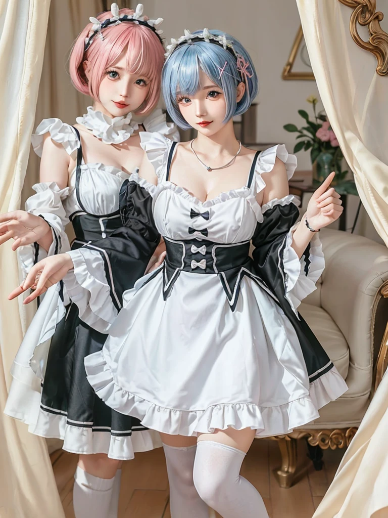 Accurate depiction with high resolution,(8K, Photorealistic, Raw photo, of the highest quality: 1.3), (1girl in), Super beautiful, (Realistic face), (boyish, pink Color Berry Shorthair), Beautiful , Glare that captivates the viewer, Beautiful expression, Beautiful breasts, (Realistic skin), Be...Create a detailed and colorful image of Ram and Rem from Re:Zero, standing back-to-back in their maid outfits, with a magical fantasy background、14years old, two girls,cute, perfect face, beautiful, nice body, gothic lolita clothes, gothic lolita fashion, frilly skirt, headdress, necklace, bracelet, knee-high socks, boots, double eyelids, tear bags, Detailed down to the fingers, photo-like description, indoors, dim indoor lighting, one girl is pink hair and short bob, another girl is light blue hair and short bob,standing,whole body, composition that shows the whole body, smiling,The Both of them are wearing the same type of maid outfit,Optimal ratio of 4 fingers and 1 thumb,walking