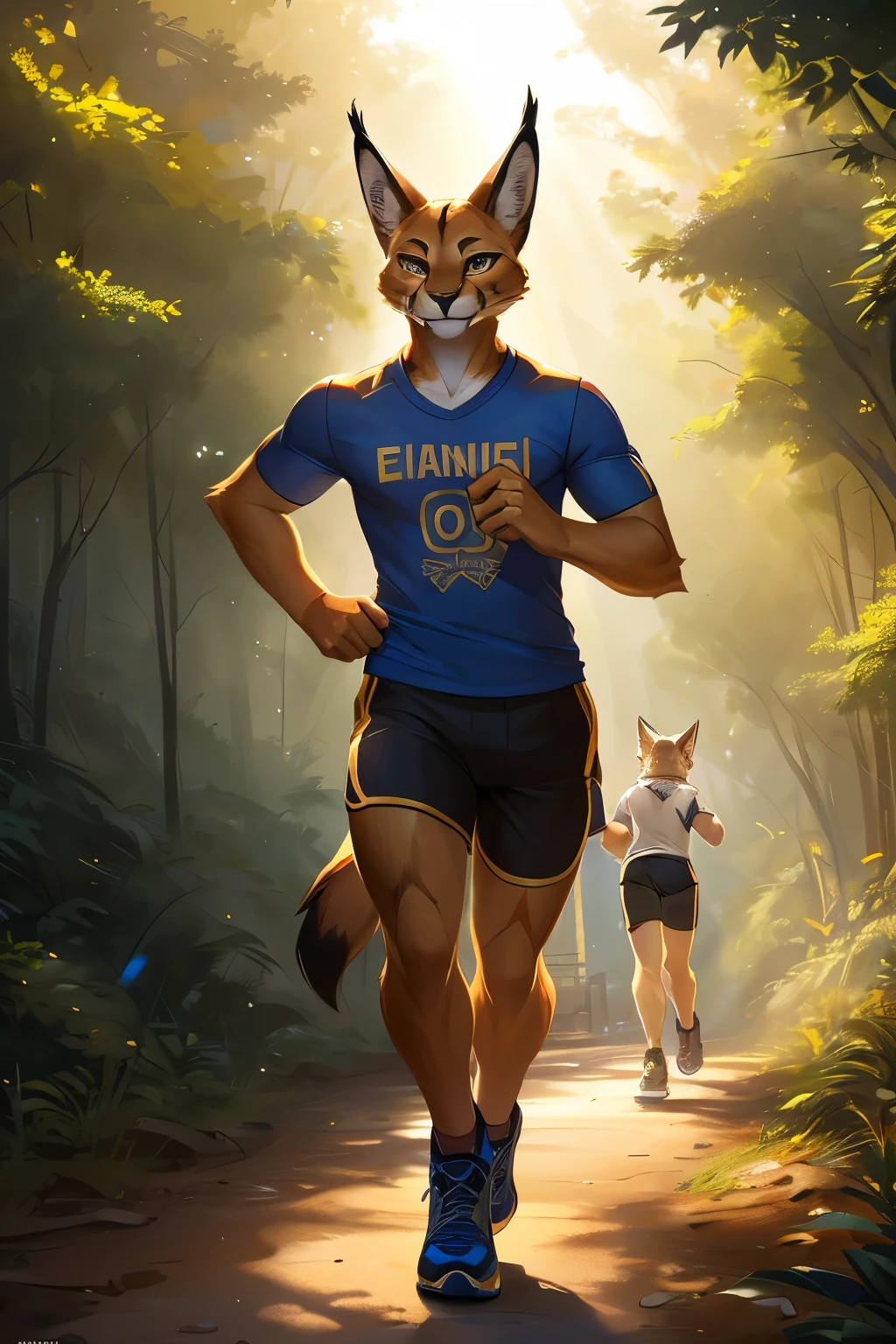 Detailed picture of a confident male anthro, (caracal, glossy golden fur, lean body,) on a trail in a forest, trending on Art Station, Ross Tran, ruan jia, foxovh, ((jogging, shorts and a t-shirt)) (((dynamic lighting,)))