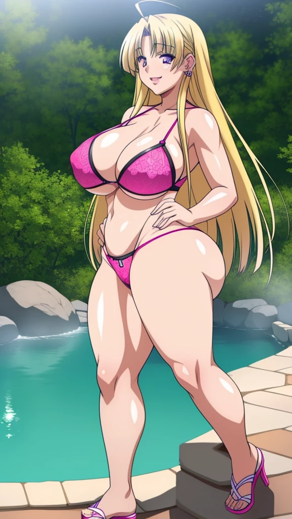 Akeno Himejima, 1girl, (((bimbo))), long blond gray hair, purple eyes, ear rings, (((bimbo))), puffy lips, painted lips, thick lips, smile face, wide hips, thick thighs, tight pink bikini, huge round ass, huge natural Hitomi Tanaka breasts, fishnet, full body, in the hot spring, pull bra