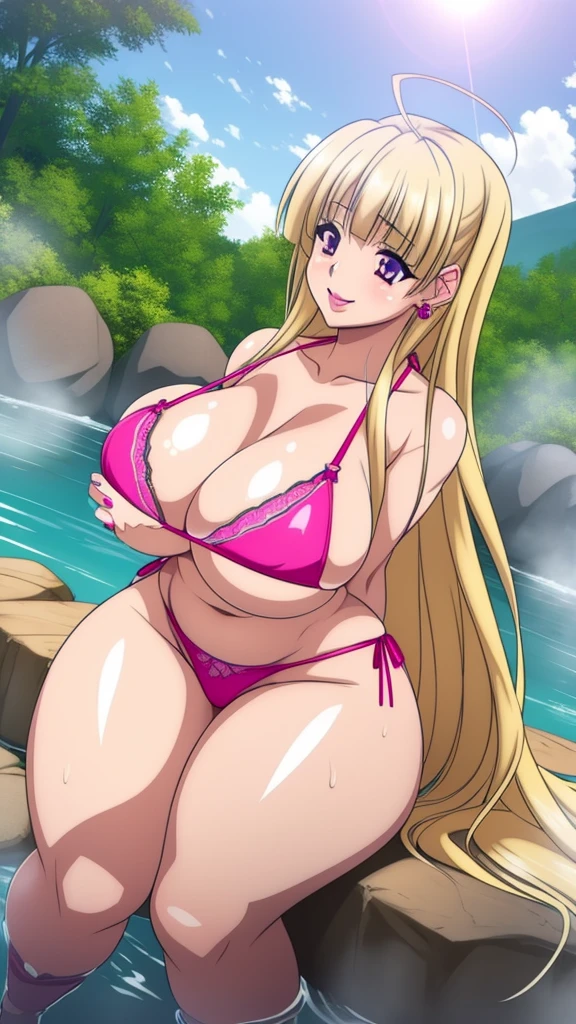 Akeno Himejima, 1girl, (((bimbo))), long blond gray hair, purple eyes, ear rings, (((bimbo))), puffy lips, painted lips, thick lips, smile face, wide hips, thick thighs, tight pink bikini, huge round ass, huge natural Hitomi Tanaka breasts, fishnet, full body, in the hot spring, pull bra