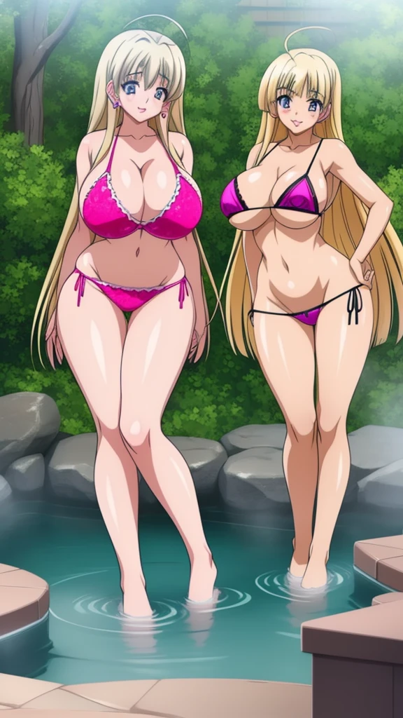 Akeno Himejima, 1girl, (((bimbo))), long blond gray hair, purple eyes, ear rings, (((bimbo))), puffy lips, painted lips, thick lips, smile face, wide hips, thick thighs, tight pink bikini, huge round ass, huge natural Hitomi Tanaka breasts, fishnet, full body, in the hot spring, pull bra