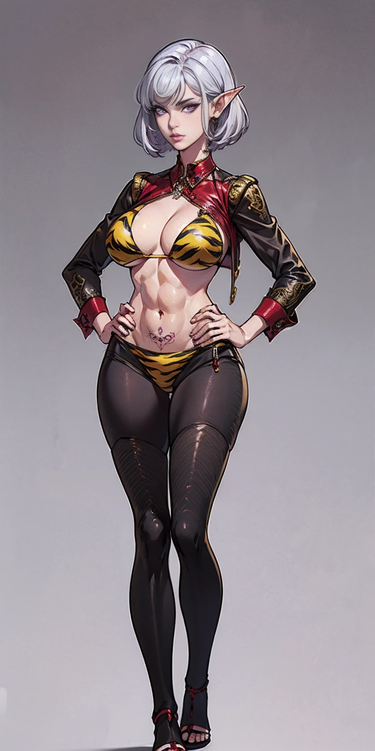 (Masterpiece, grey background:1.2) full body standing straight symmetrical looking to the viewer, view from below, far shot, cow boy shot, purple skin, drow, elf, 1girl, mature, purple eyes, pinched eyes, short silver white hair cut (yellow tiger bikini print long sleeves and long stockings) abs, navel, big knockers, tatter rags, leather choker, chain collar, stomach tattoo (red tattoo) hands on hips, wide hips, thick thighs, metal sandals