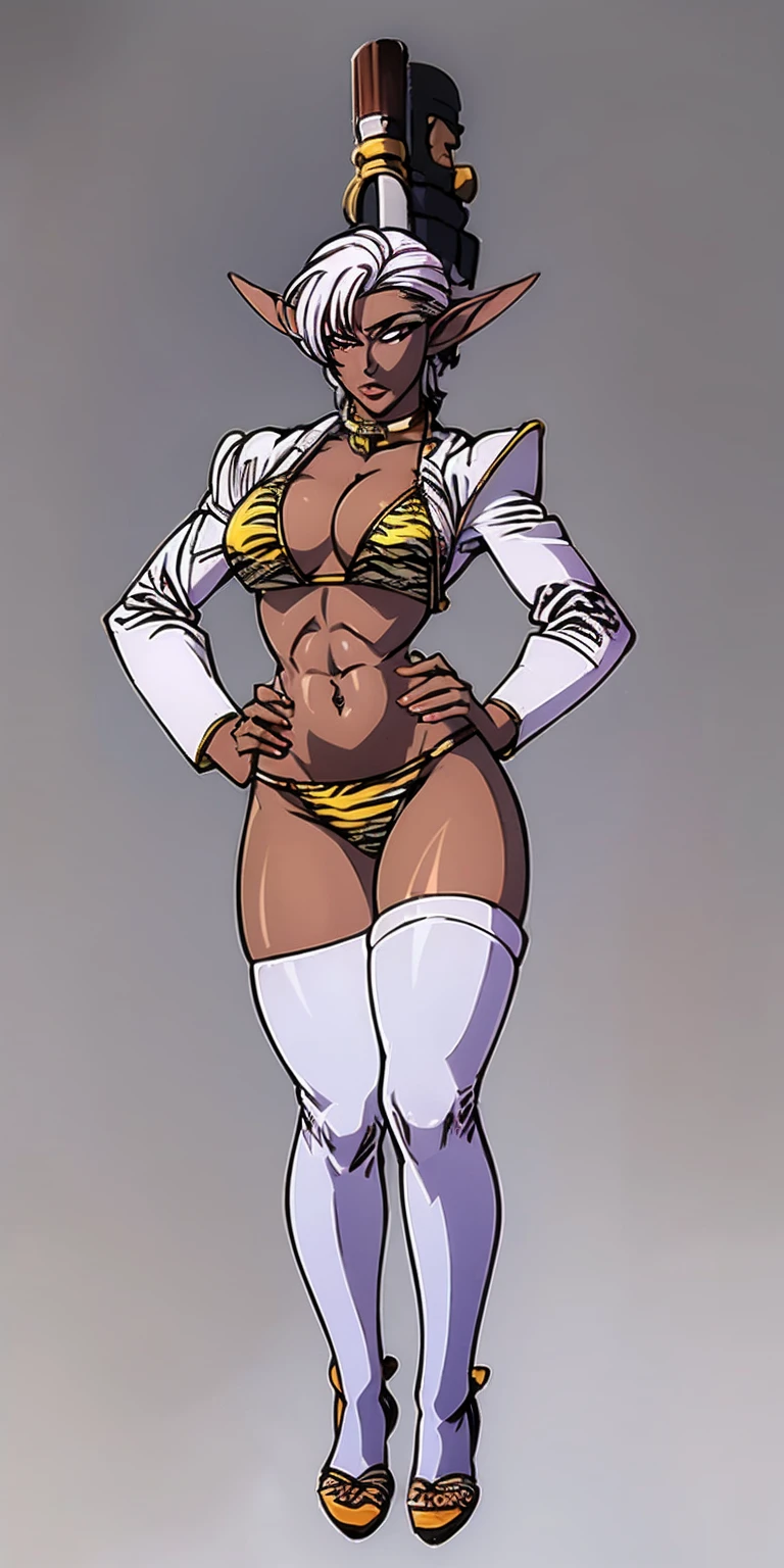 (Masterpiece, grey background:1.2) full body standing straight symmetrical looking to the viewer, view from below, far shot, cow boy shot, purple skin, drow, elf, 1girl, mature, purple eyes, pinched eyes, short silver white hair cut (yellow tiger bikini print long sleeves and long stockings) abs, navel, big knockers, tatter rags, leather choker, chain collar, stomach tattoo (red tattoo) hands on hips, wide hips, thick thighs, metal sandals