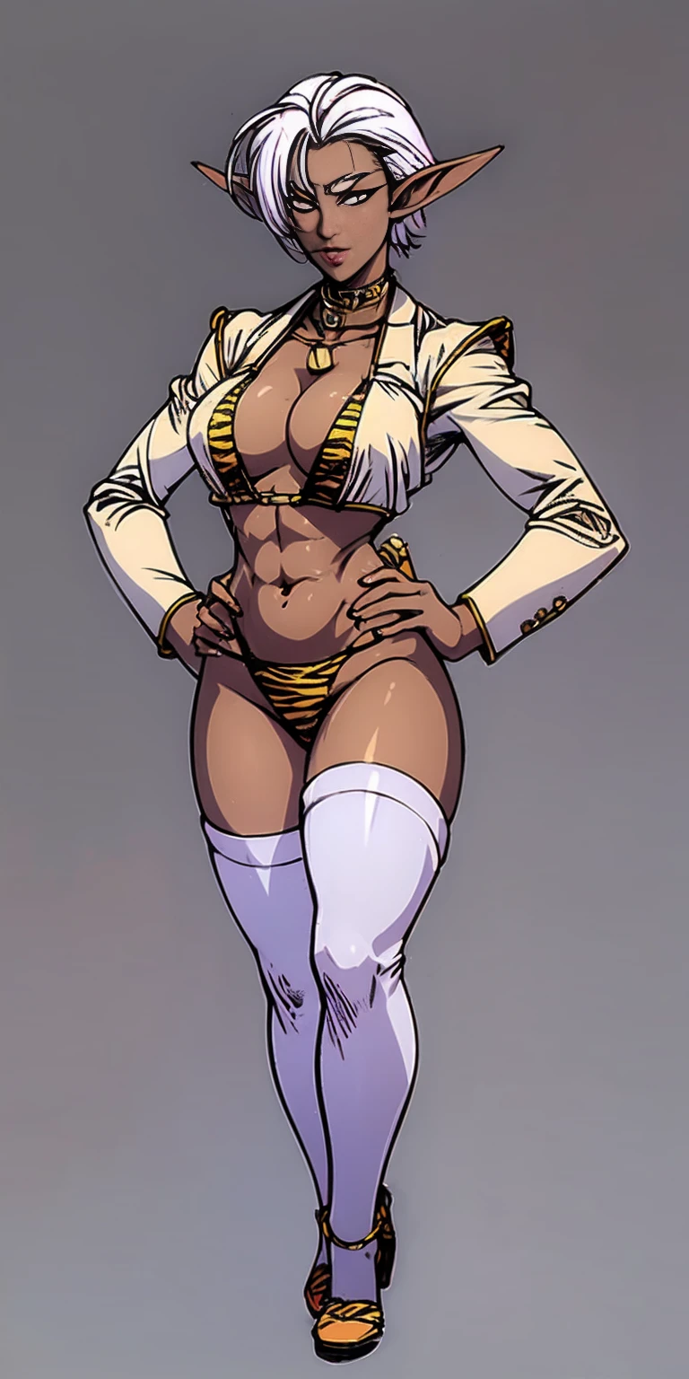 (Masterpiece, grey background:1.2) full body standing straight symmetrical looking to the viewer, view from below, far shot, cow boy shot, purple skin, drow, elf, 1girl, mature, purple eyes, pinched eyes, short silver white hair cut (yellow tiger bikini print long sleeves and long stockings) abs, navel, big knockers, tatter rags, leather choker, chain collar, stomach tattoo (red tattoo) hands on hips, wide hips, thick thighs, metal sandals