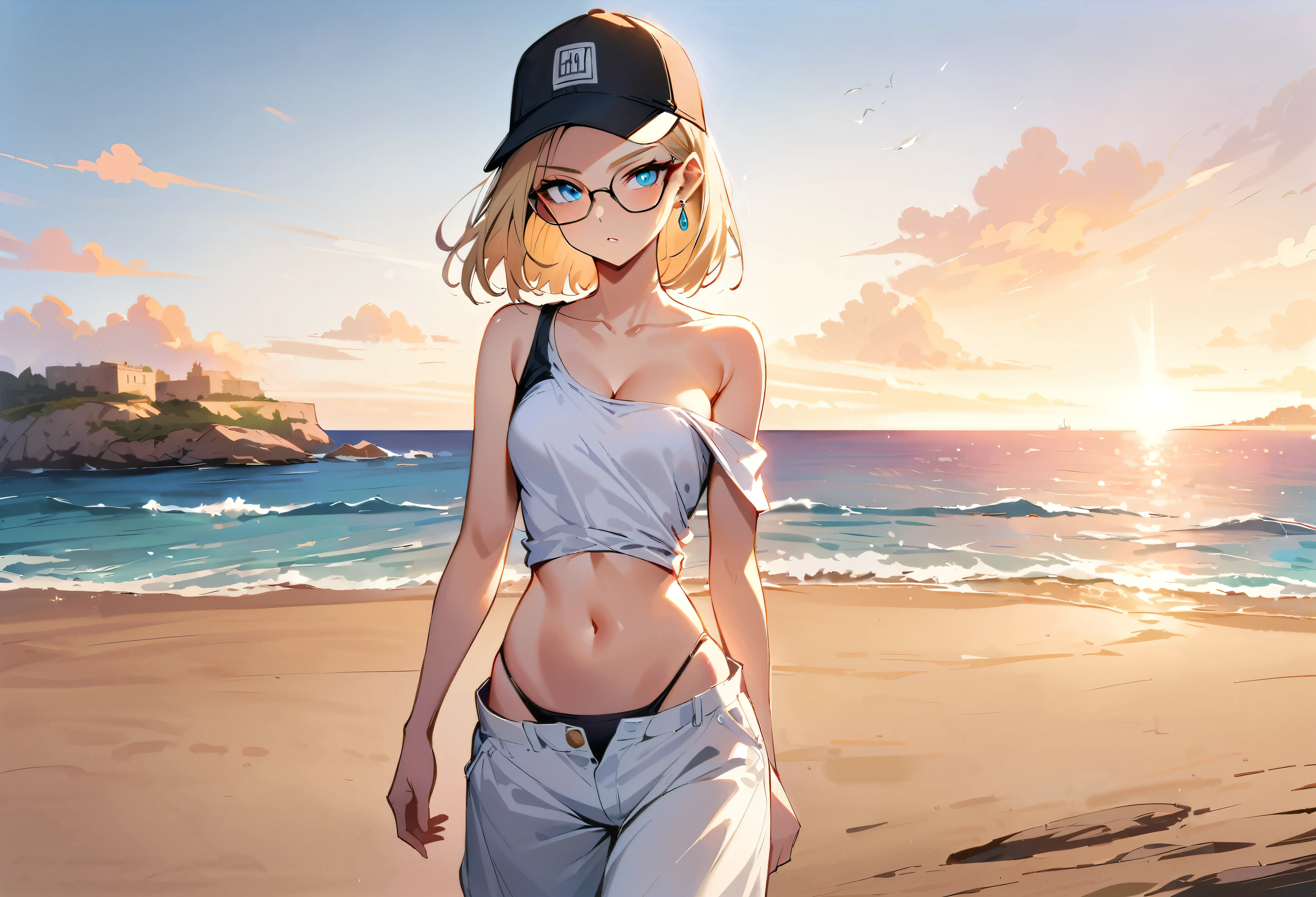 (masterpiece, best quality:1.2), solo, Android 18 from Dragon Ball, collarbone, cleavage, ((slip-on one-shoulder crop top)), (light gray top:1.2), no jacket, midriff-baring, navel, ((white baggy pants with one button undone)), skimpy thong swimsuit, light gray swimsuit, small breasts, short blonde hair loose, ((blue eyes)), ((wearing glasses)), earrings on earlobes, slender feminine figure, narrow waistline, skinny body, (plane black baseball cap), (cap without logo), beach sandals, no baggage, sunlight, walking, beach, small island, Malta, facing the camera, blur background, 4K