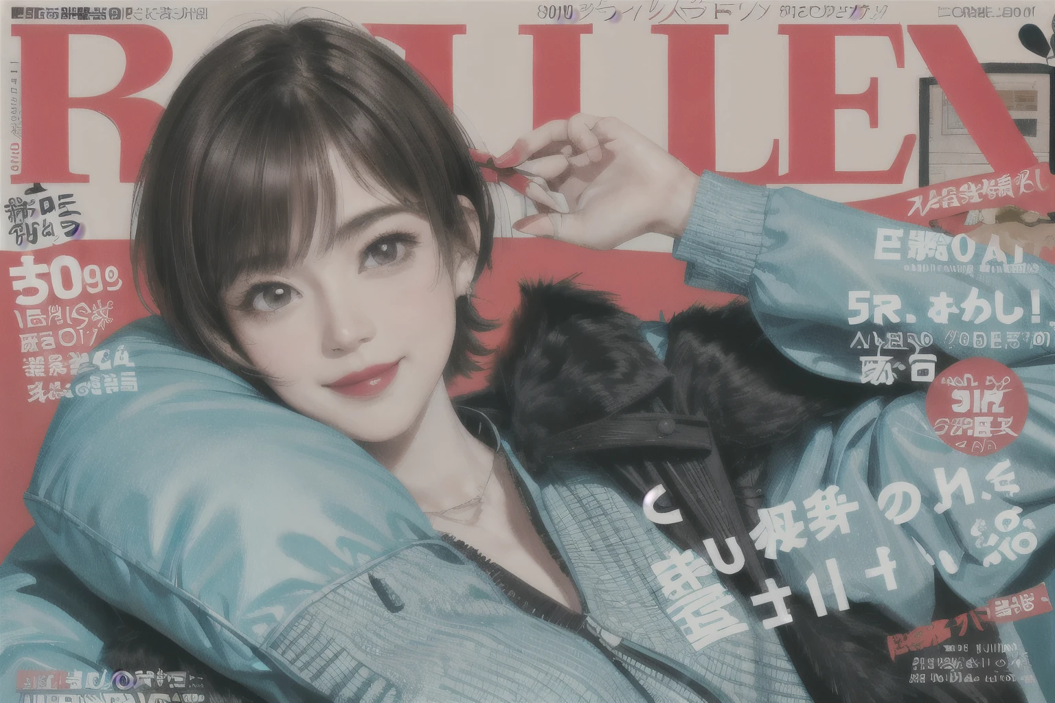 1girl, smile, upper body, (standing: 1.2), (royal blue eye), (wolf ear), (black hair), (wolf tail), (cute young girl:1.1), beautiful detailed eyes, flax green hair, short hair, small breasts, (looking at viewer), (magazine:1.3), (cover-style:1.3)