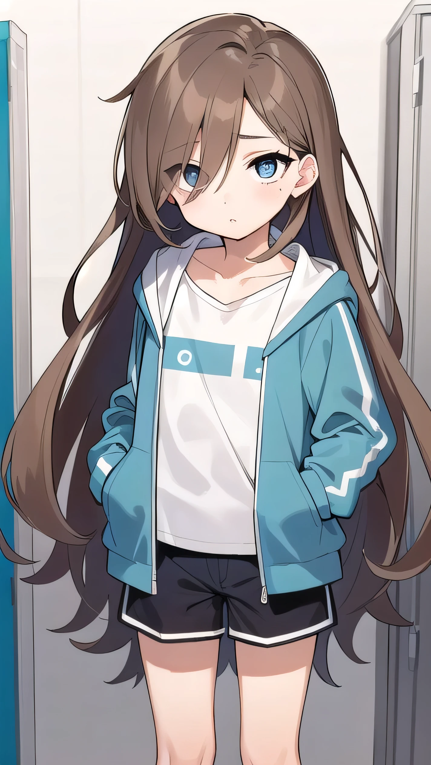 Girl, ( light brown hair :1.5), (black eyes:1.1), (big eyes: 1.1), (sagging eyes: 1.5), (very long hair:1.1), hair between eyes, cyan long-sleeved hoodie, white T-shirt, dark blue shorts, white sneakers, (flat chest), (straight hair), very short, only , droopy eyes, wearing a jacket, , wearing a jacket,, (short height:1.3), young face , sleepy face, smooth straight hair, locker room,