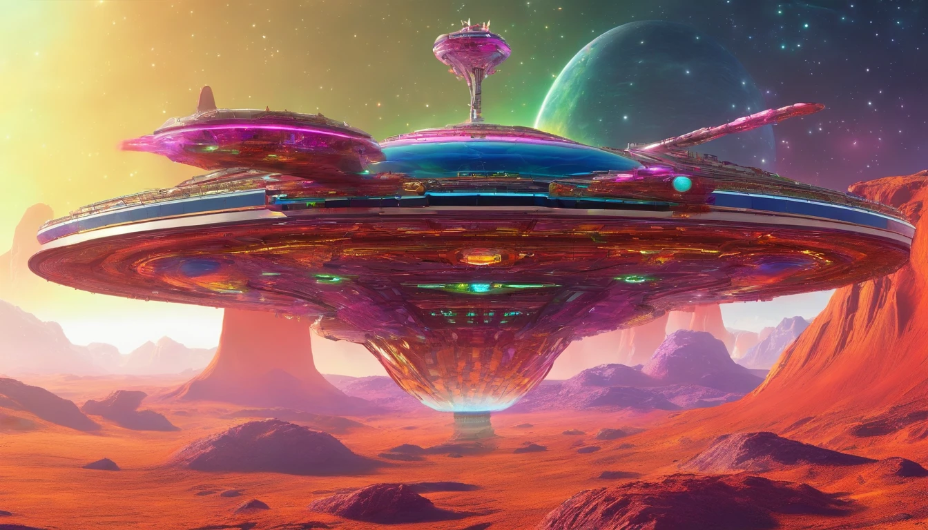 The massive spacecraft is in space orbiting a (((mesmerizing Giant Mercury-Earth-like planet with a vibrant multicolored surface creating a stunning visual effect))). The starry cosmos in the background is filled with additional starships, each gracefully interacting in space.The breathtaking, cinematic 3D render of a futuristic steampunk starship that ((((masterfully fuses elements of bubble shaped 1974 Winnebago into the starship's bridge))), and a G'Quan Class Heavy Battle Cruiser from Babylon 5, for the mid section of the starship, and (((the front of a closed sandal, that has wired construction for it's straps))).The bridge is in the top center of the starship This starship has a rustic snake skinned surface, and green matte, for its colors., architecture, cinematic, conceptual art, portrait photography, vibrant glass 