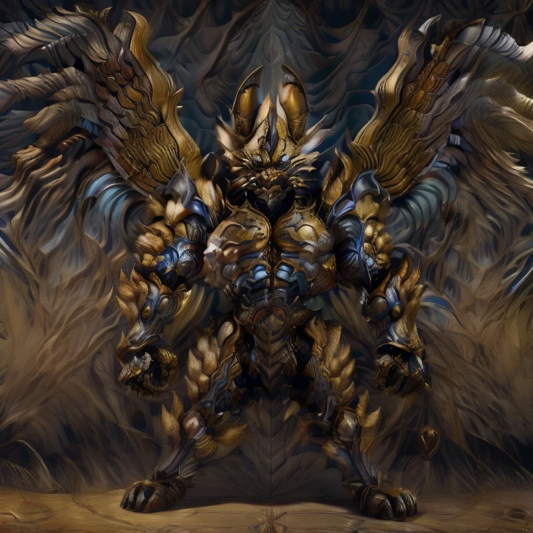 (Pokémon) (Zeraora), (masterpiece, best quality, detailed:1.2), (nj5furry), (medieval armor:1.3) sparkling skin, Vibrant colors, 4K, GOLD armor, Its full plate armor emphasizes the muscles. big muscle (pecs, triceps, traps) unusually developed muscular body, body full of huge muscles. showing off muscles, pectorales enormes. Exaggeratedly huge muscles. Gigachad Muscular, Very muscular, Large pecs, Spread wings, It has wings. have big wings. has 10 large wings. It has large golden wings. The feathers on its wings are detailed and realistic. sitting on the throne,