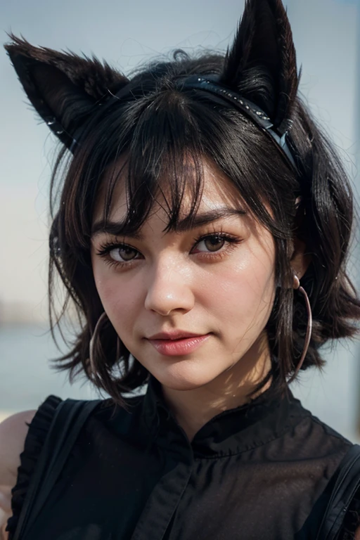 
black hair, hair bobbles, shudder, long eyelashes, solid circular eyes, fake animal ears, slight smile, ear blush, fang, surrealism, drop shadow, anaglyph, stereogram, tachi-e, pov, atmospheric, body perspective full 8k, super detail, accurate, best quality