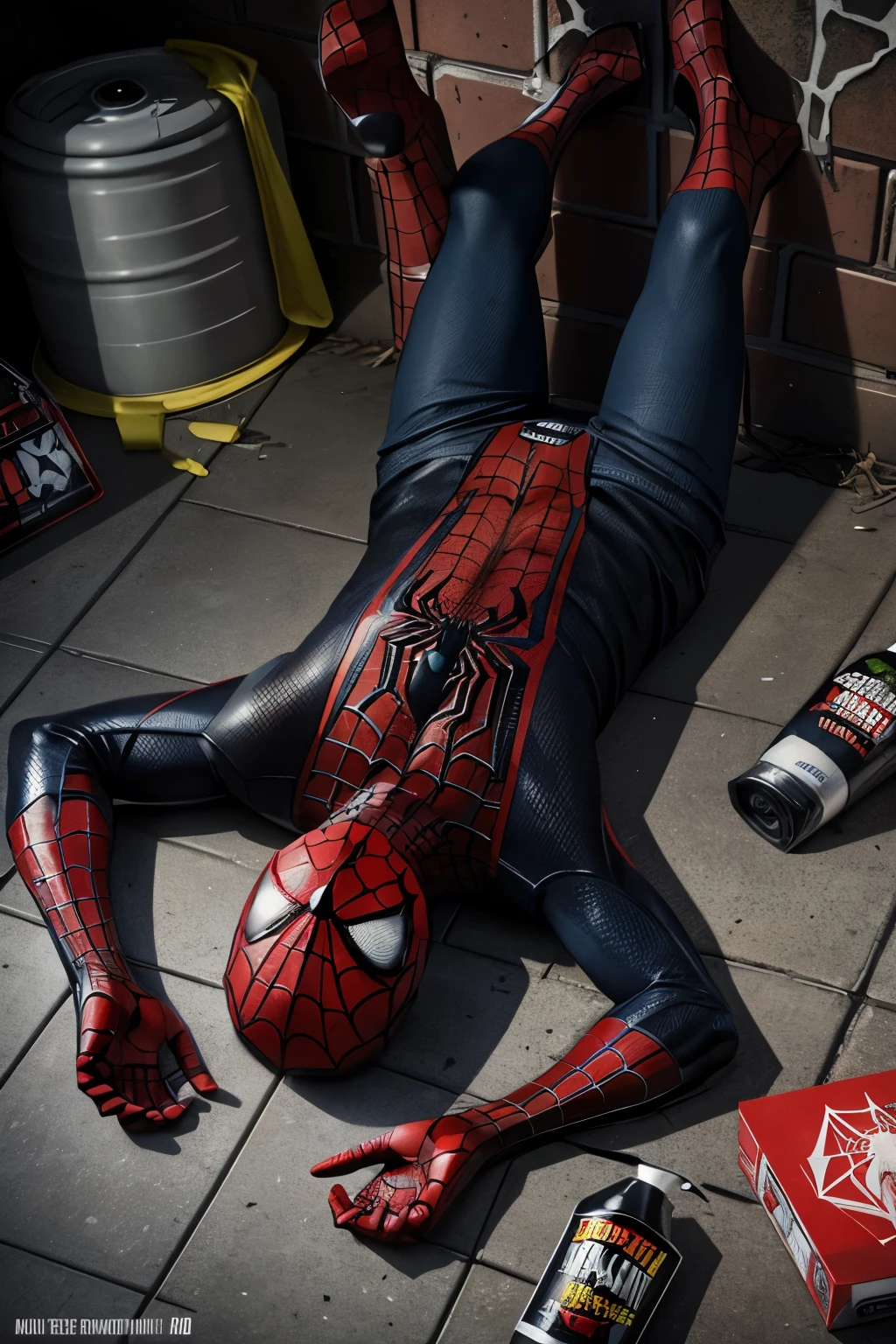 Spiderman lying dead, in the foreground in the lower left corner there is a new spray can of spider killer insecticide with clear label "SPIDER KILLER", product shot, advertising photo, glamour, reliable --chaos 10 --ar 4:3 --style raw --stylize 600