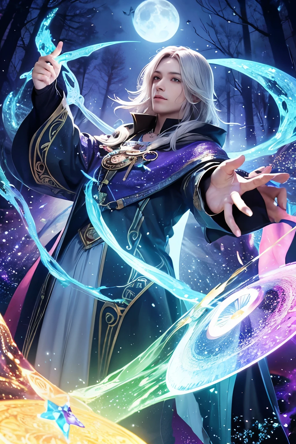male wizard floating with magic energy of many different colors floating around him. Magic circles glowing with sparkles. Mystical, Witchy, Mushrooms, Pine Trees, Magick, Wicca, Moon.
