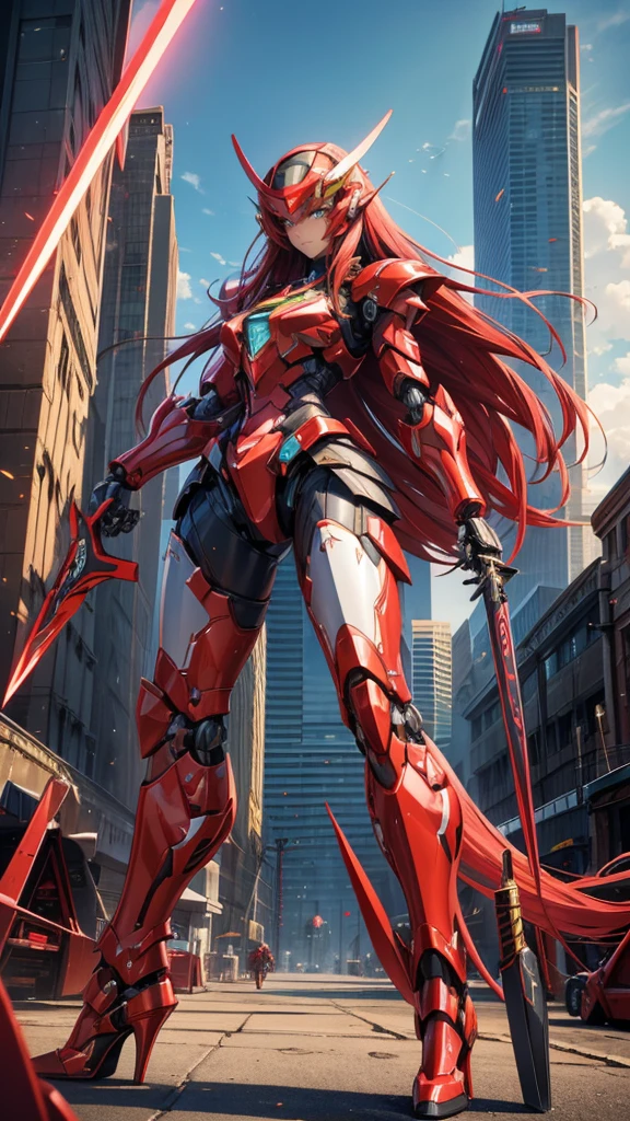 Red long straight hair female mecha,Large female robot , Sci-fi fluorescent armor, ,helmet，Chest，female body，Mechanical joints，wing，thigh， High heel, Stand in battle，front，sci-fi sword，City