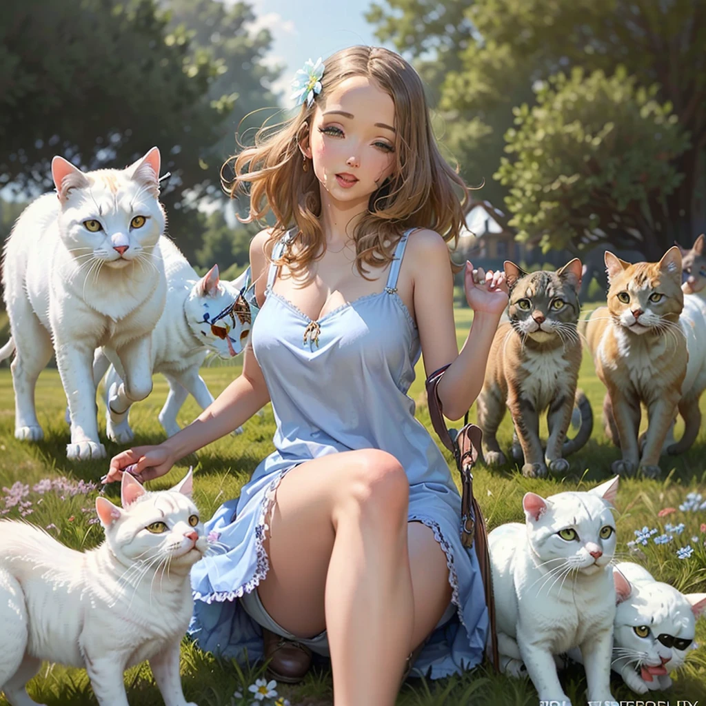 A gorgeous woman in a light colorful summer dress, playing in a field of flowers with her lively cats, cute antics, adorable scenes, mischief and fun