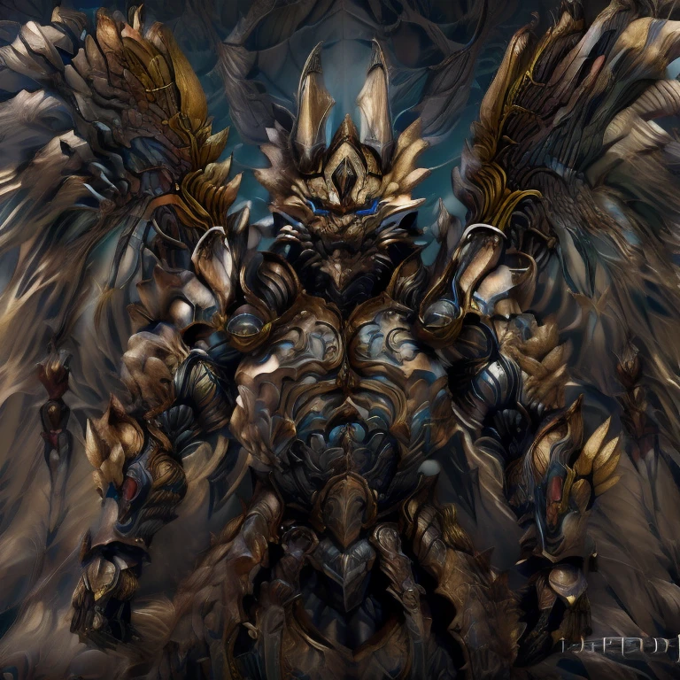 (Pokémon) (Zeraora), (masterpiece, best quality, detailed:1.2), (nj5furry), (medieval armor:1.3) sparkling skin, Vibrant colors, 4K, GOLD armor, Its full plate armor emphasizes the muscles. big muscle (pecs, triceps, traps) unusually developed muscular body, body full of huge muscles. showing off muscles, pectorales enormes. Exaggeratedly huge muscles. Gigachad Muscular, Very muscular, Large pecs, Spread wings, It has wings. have big wings. has 10 large wings. It has large golden wings. The feathers on its wings are detailed and realistic. sitting on the throne,
