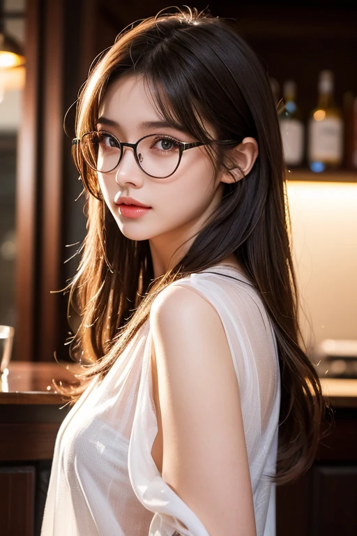 Masterpiece, highest quality, realistic, very detailed. Subtleties High resolution 8k wallpaper beautiful woman. Wearing a dark blue see-through shirt. Great bar restaurant. At night. Light brown messy hair. The perfect dynamic composition of beautiful and beautiful eyes gradually in 25 year old woman has a long light brown hairstyle with slight bangs.,Dress up and have a unique style. ,Light brown eyes and beautiful They are cute and fun playmates.,Wear glasses with a beautiful and modern design.,Beautiful, healthy, white-pink skin.,small mouth