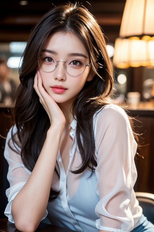 Masterpiece, highest quality, realistic, very detailed. Subtleties High resolution 8k wallpaper beautiful woman. Wearing a dark blue see-through shirt. Great bar restaurant. At night. Light brown messy hair. The perfect dynamic composition of beautiful and beautiful eyes gradually in 25 year old woman has a long light brown hairstyle with slight bangs.,Dress up and have a unique style. ,Light brown eyes and beautiful They are cute and fun playmates.,Wear glasses with a beautiful and modern design.,Beautiful, healthy, white-pink skin.,small mouth