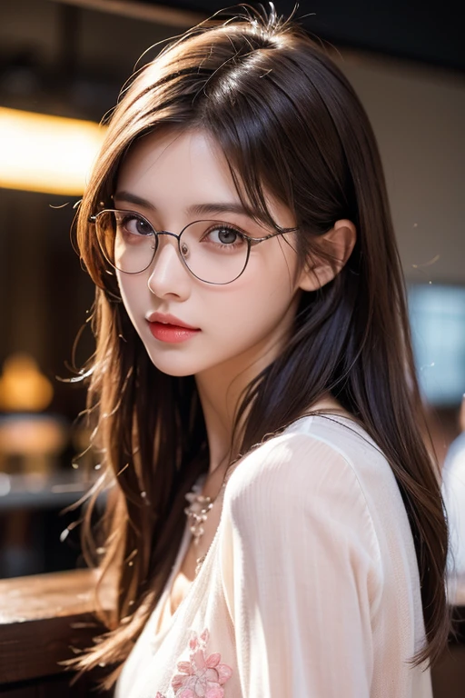 Masterpiece, highest quality, realistic, very detailed. Subtleties High resolution 8k wallpaper beautiful woman. Wearing a dark blue see-through shirt.living room. Light brown messy hair. The perfect dynamic composition of beautiful and beautiful eyes gradually in 28 year old woman has a long light brown hairstyle with slight bangs.,Dress up and have a unique style. ,Light brown eyes and beautiful They are cute and fun playmates.,Wear glasses with a beautiful and modern design.,Beautiful, healthy, white-pink skin.,small mouth