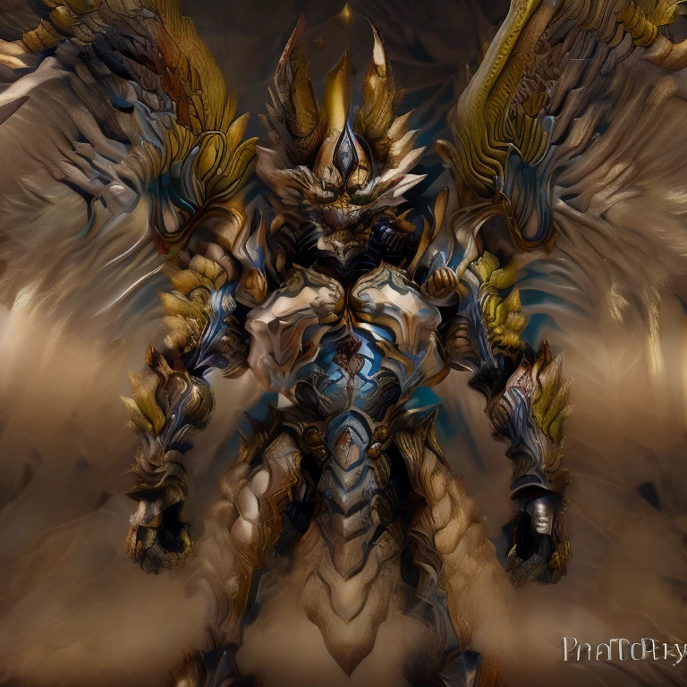 (Pokémon) (Zeraora), (masterpiece, best quality, detailed:1.2), (nj5furry), (medieval armor:1.3) sparkling skin, Vibrant colors, 4K, GOLD armor, Its full plate armor emphasizes the muscles. big muscle (pecs, triceps, traps) unusually developed muscular body, body full of huge muscles. showing off muscles, pectorales enormes. Exaggeratedly huge muscles. Gigachad Muscular, Very muscular, Large pecs, Spread wings, It has wings. have big wings. has 10 large wings. It has large golden wings. The feathers on its wings are detailed and realistic. sitting on the throne,