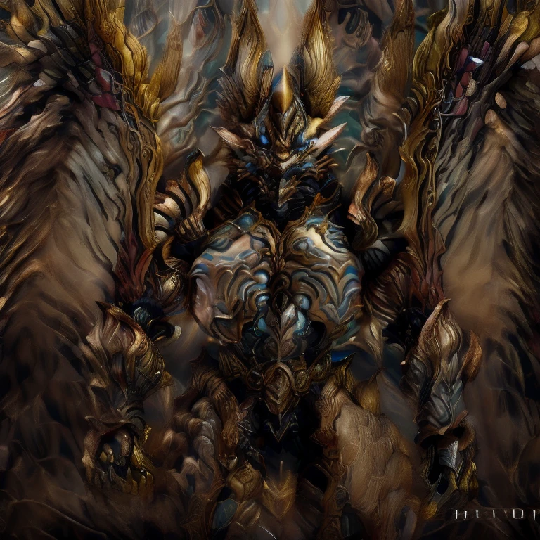 (Pokémon) (Zeraora), (masterpiece, best quality, detailed:1.2), (nj5furry), (medieval armor:1.3) sparkling skin, Vibrant colors, 4K, GOLD armor, Its full plate armor emphasizes the muscles. big muscle (pecs, triceps, traps) unusually developed muscular body, body full of huge muscles. showing off muscles, pectorales enormes. Exaggeratedly huge muscles. Gigachad Muscular, Very muscular, Large pecs, Spread wings, It has wings. have big wings. has 10 large wings. It has large golden wings. The feathers on its wings are detailed and realistic. sitting on the throne,
