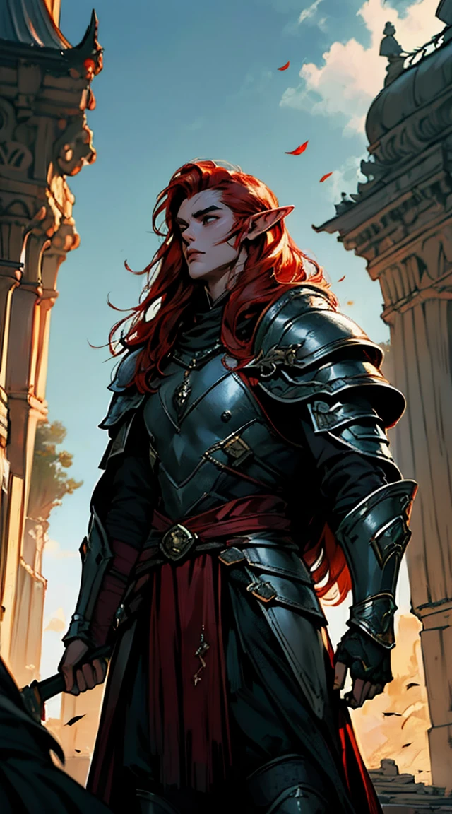 Obra de arte, melhor qualidade, 1 homem, adulto, foco masculino, sozinho, red hair, cabelo longo, olhos verdes vibrantes, heavy armor, male, cloak, pele escura,  war cry, Fantasy aesthetic, altamente detalhado, estilo shadowverso, elf ear, looking up, armadura do cavaleiro elfo. Segurando alabarda chinesa, andando, Escrita, Deitado, standing, Nas suas costas, brigando, dynamic poses. Prepare-se para mergulhar em um mundo onde a beleza e o artesanato se fundem perfeitamente