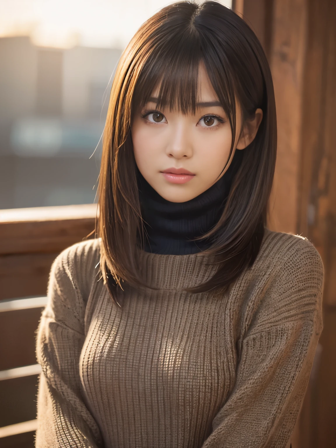 product quality, 1 girl, cowboy shot, front view, a Japanese young pretty girl, at night, wearing a black knitted turtleneck sweater, wearing mini skert, hyper cute face, glossy lips, double eyelids for both eyes, (natural makeup), shiny smooth light brown hair of long hair, asymmetrical bangs, central image, 8K resolution, high detail, detailed hairstyle, detailed face, cinematic lighting, octane rendering, hyper realistic, perfect limbs, perfect anatomy,
