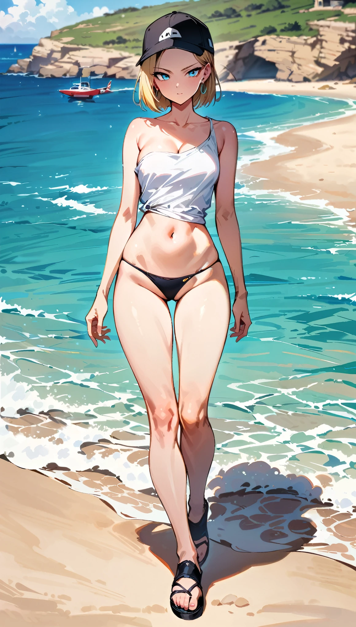 anime style, best possible quality,
beach, morning, sunny day, sand and waves in the sea, rocks with crabs,
naked thin Japanese woman, small breasts and well-defined nipples,  hairy pubic pussy, walking naked in public beach
, very detailed, sensual look