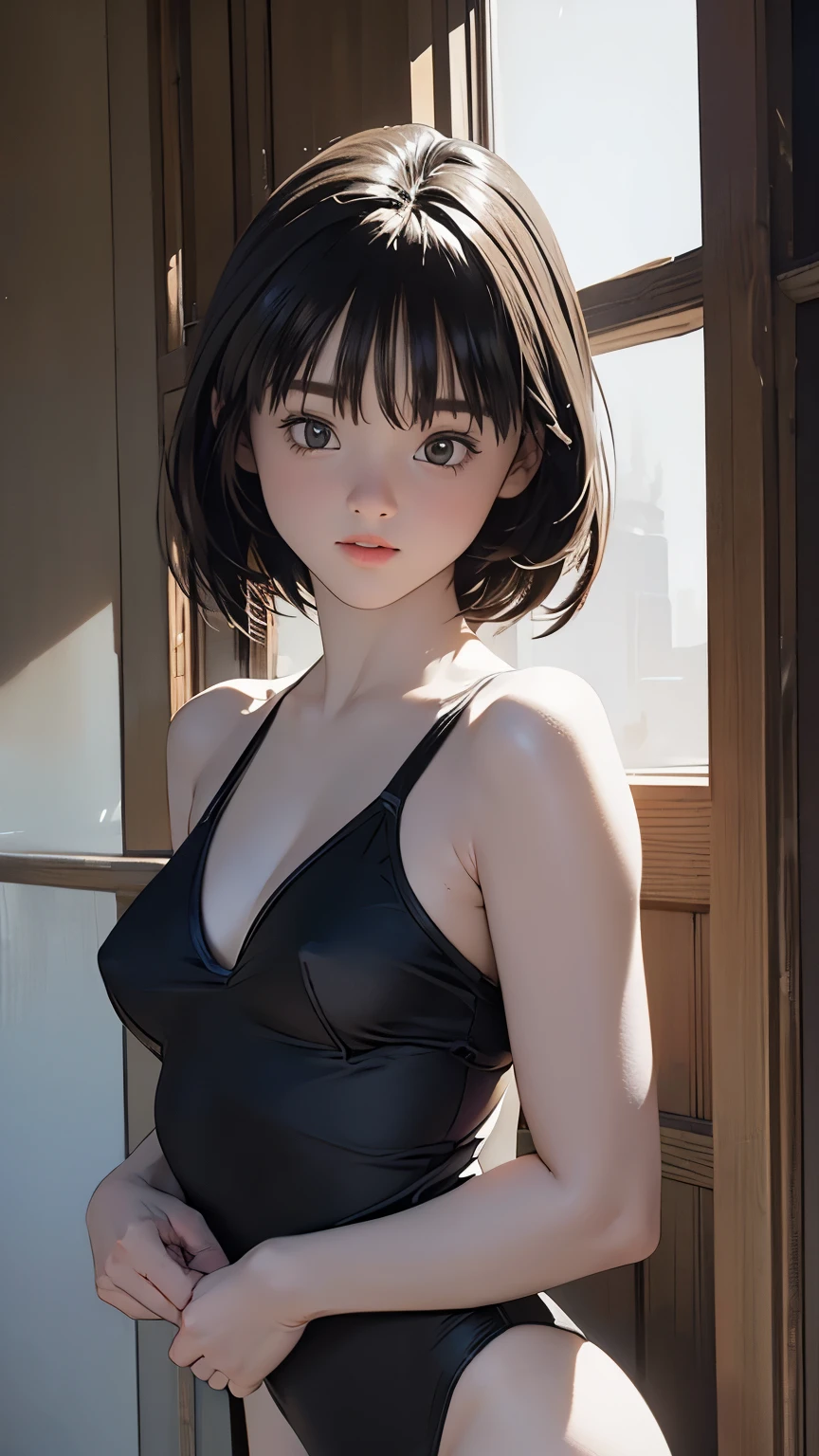 Best quality, masterpiece, ultra high res, (photorealistic:1.5), raw photo, 1girl, in the dark, deep shadow, low key, cold light, sexy look, short hair, swimsuit
