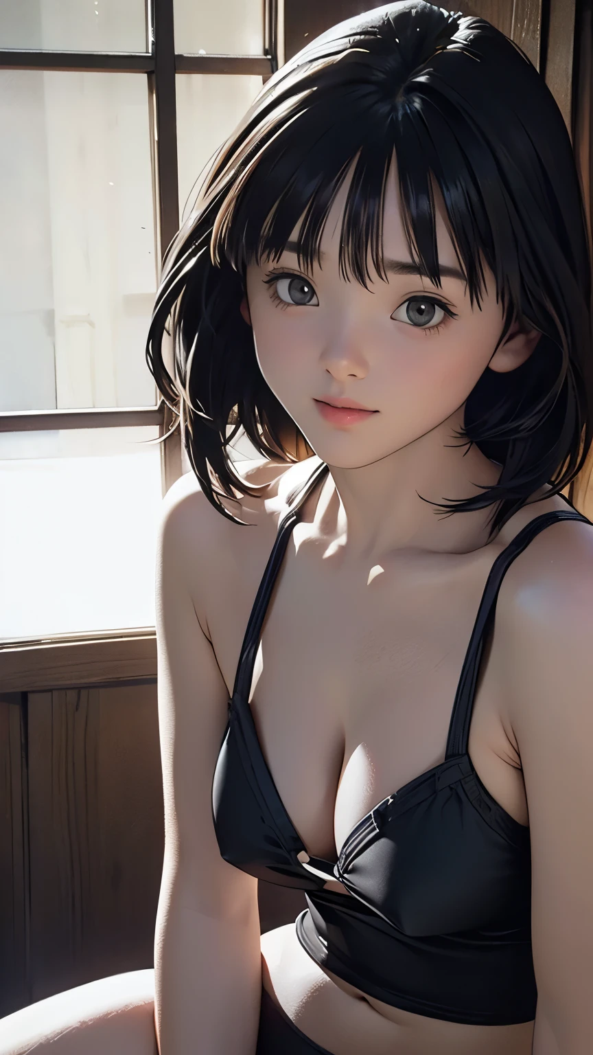 Best quality, masterpiece, ultra high res, (photorealistic:1.5), raw photo, 1girl, in the dark, deep shadow, low key, cold light, sexy look, short hair, swimsuit
