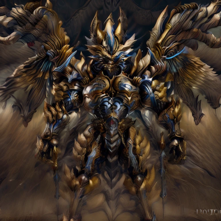 (Pokémon) (Zeraora), (masterpiece, best quality, detailed:1.2), (nj5furry), (medieval armor:1.3) sparkling skin, Vibrant colors, 4K, GOLD armor, Its full plate armor emphasizes the muscles. big muscle (pecs, triceps, traps) unusually developed muscular body, body full of huge muscles. showing off muscles, pectorales enormes. Exaggeratedly huge muscles. Gigachad Muscular, Very muscular, Large pecs, Spread wings, It has wings. have big wings. has 10 large wings. It has large golden wings. The feathers on its wings are detailed and realistic. FULL BODY,