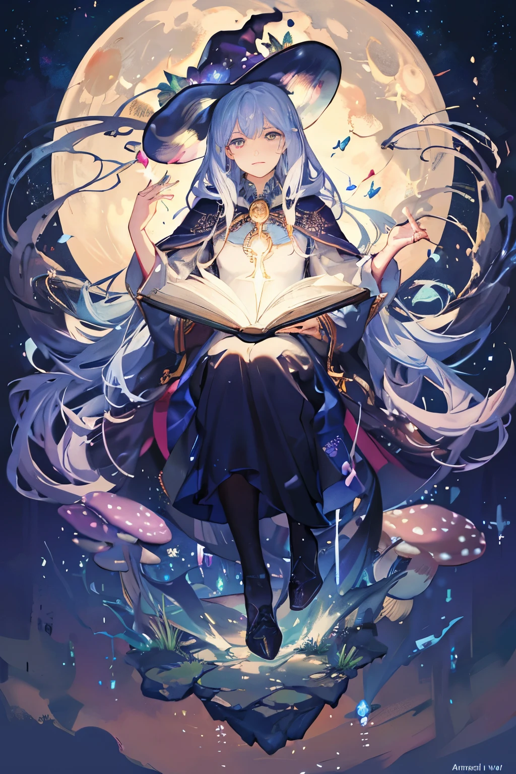 male wizard floating with magic energy of many different colors floating around him. Magic circles glowing with sparkles. Mystical, Witchy, Mushrooms, Pine Trees, Magick, Wicca, Moon.