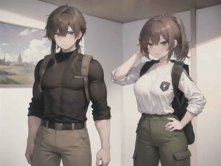 illustration, masterpiece, necessarily against the backdrop of the realistic nature of central Russia; Two characters in a scene at the same time: boy and girl (absolutely identical twins brother and sister)with the same cute beautiful girlish features, The first character is a handsome, modest, round-faced, brown-eyed boy with an ideal masculine physique., with semi-long brown hair tied in a ponytail, Military style (marsh color T-shirt, military style trousers with patch pockets, massive high infantry boots, backpack), and the second character is strong, very muscular feminist girl with aesthetic small breasts with beautiful erect nipples, with very tousled shaggy semi-long brown hair, hair between the eyes, Brown eyes, beautiful face, an athlete with well-developed proportional muscles, khaki racer jersey(absolutely no bra), military style trousers with patch pockets, massive high infantry boots, backpack; free pose; be sure to interact with each other; different emotions(joy, a sneer, flirting, an insult, inclination, receipt), mutual shamelessness, mutual love, soul kinship, spiritual intimacy, physical intimacy, lack of embarrassment in front of each other, взаимное сексуальное inclination, mutual sexual harassment